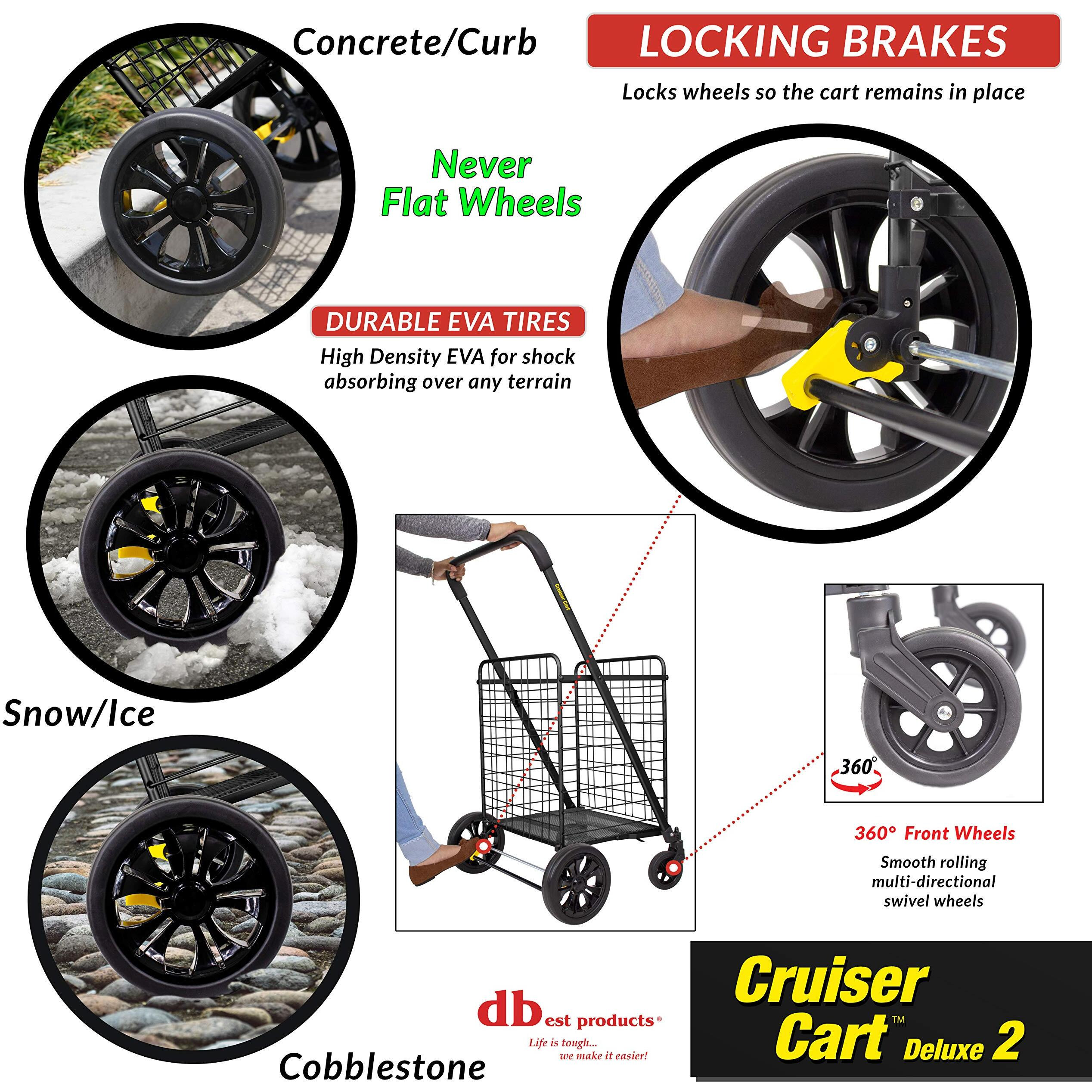 Dbest Products Cruiser Cart Deluxe 2 Shopping Grocery Rolling Folding Laundry Basket On Wheels Foldable Utility Trolley Compact Lightweight Collapsible, Black