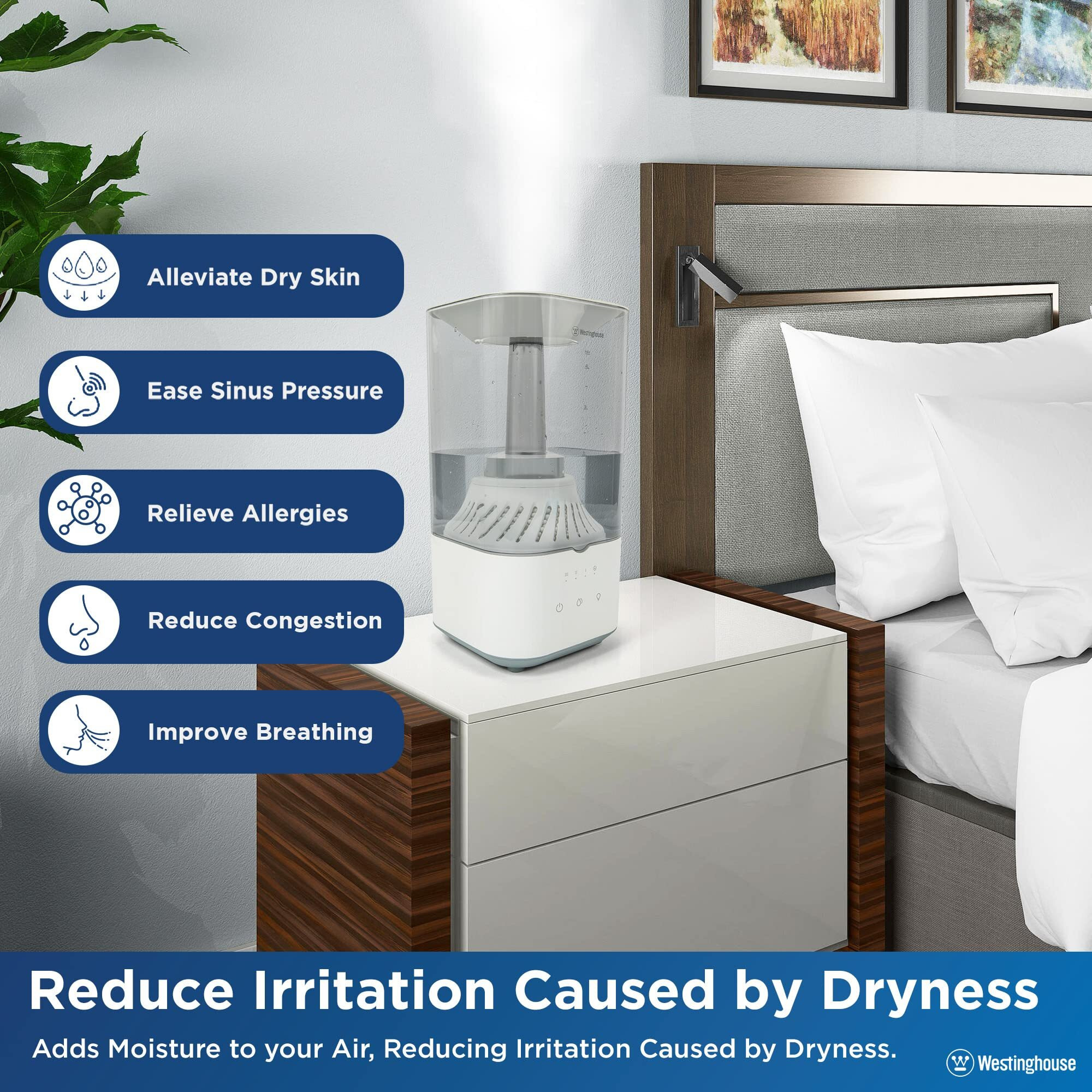 Westinghouse Ultrasonic Cool Mist Humidifier, 4.5L Top Fill Quiet Air Humidifier With Led Night Light And Touch Button Control, Adjustable Mist Humidifier For Bedrooms