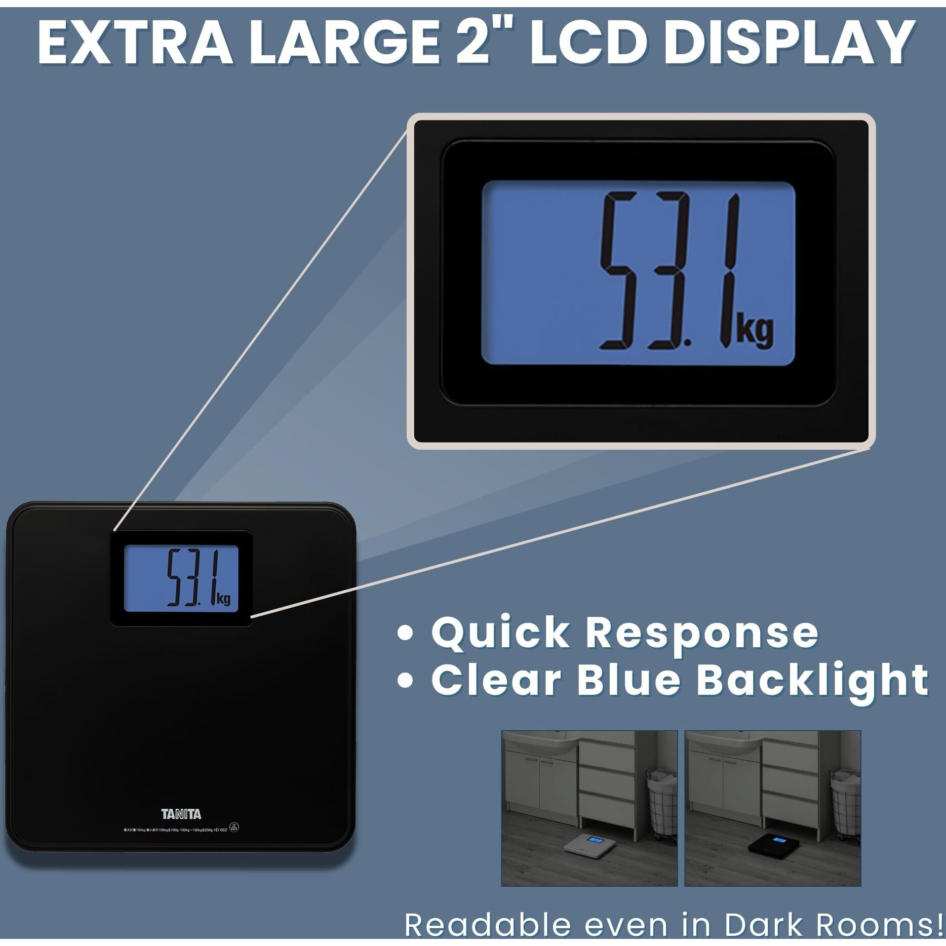 Tanita Hd-662 Digital Weight Scale (Black) - Japan Technology Bathroom Scale With 330 Lb Weight Capacity - 2"" Blue Backlit Large Lcd Display - Accurate, Durable, Step-On Operation