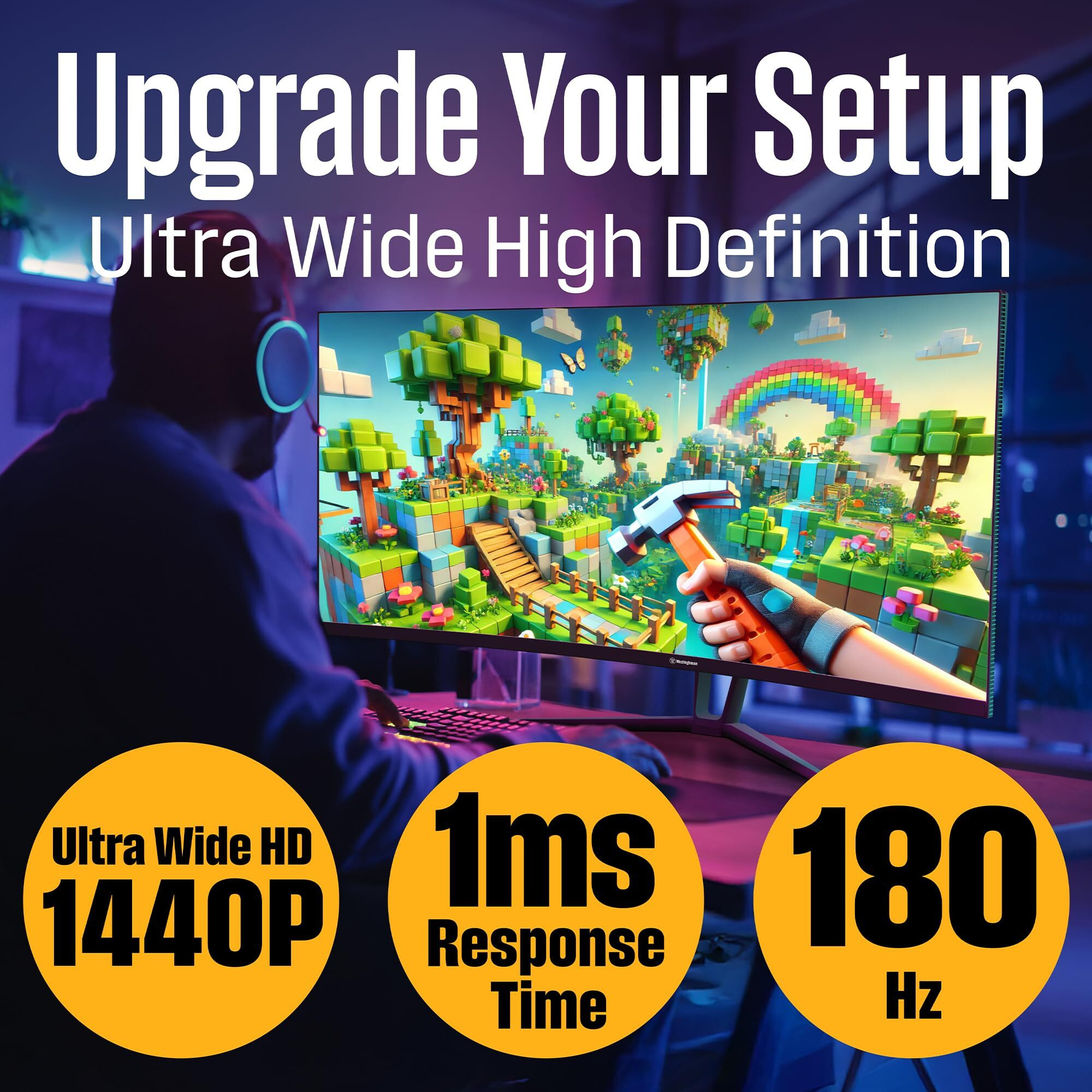 Westinghouse 34 Inch Curved Ultrawide Gaming Monitor, 180Hz, Amd Freesync Support, Low Motion Blur, 1500R Curve, 3440 X 1440, For Pc Games With Built In Speakers, 2X Displayport, 2X Hdmi