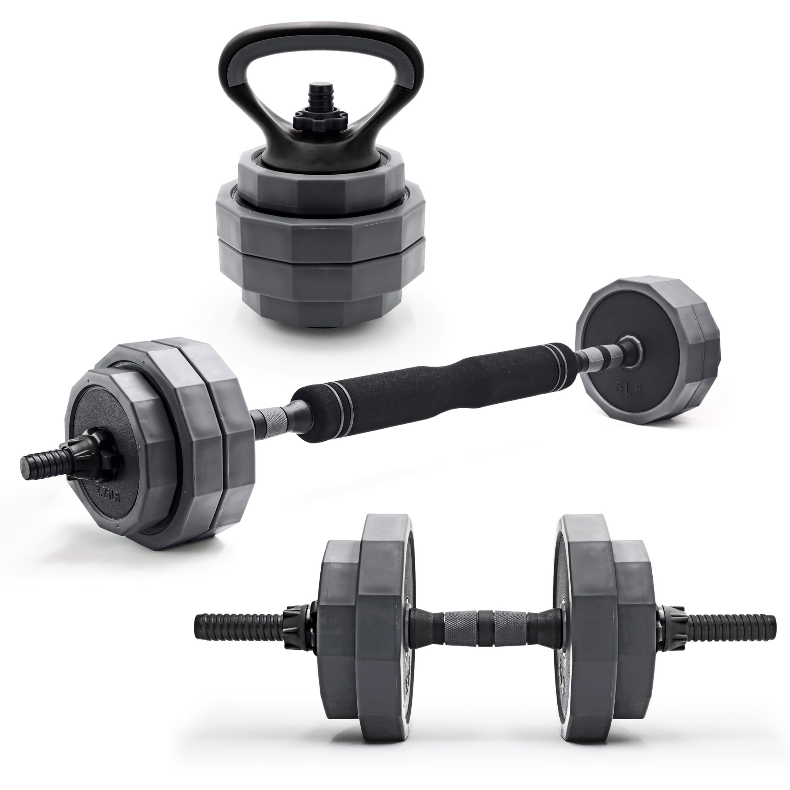 Cap Barbell 66 Lb Multi-Use Adjustable Weight Set - Versatile Dumbbell, Barbell & Kettlebell For Full-Body Workouts | Gray