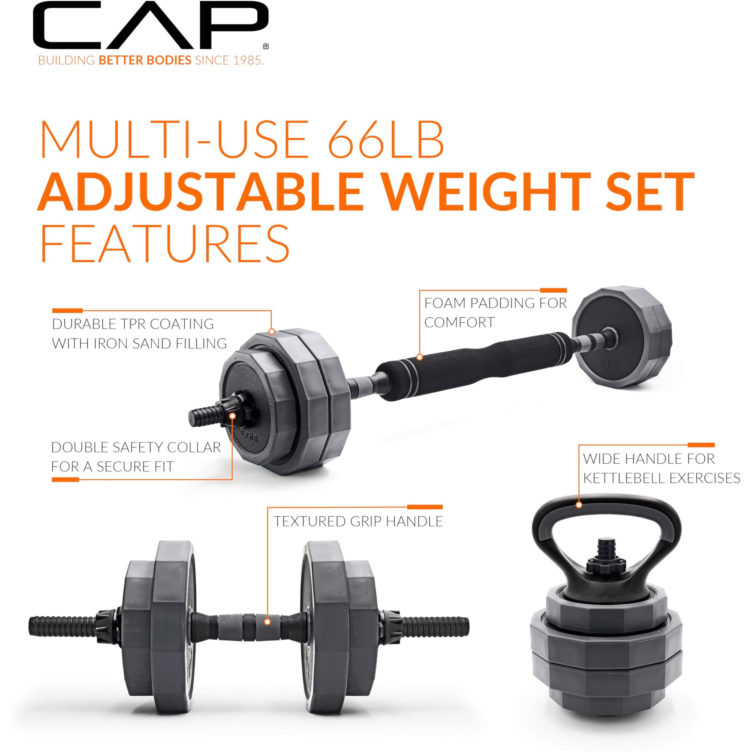 Cap Barbell 66 Lb Multi-Use Adjustable Weight Set - Versatile Dumbbell, Barbell & Kettlebell For Full-Body Workouts | Gray