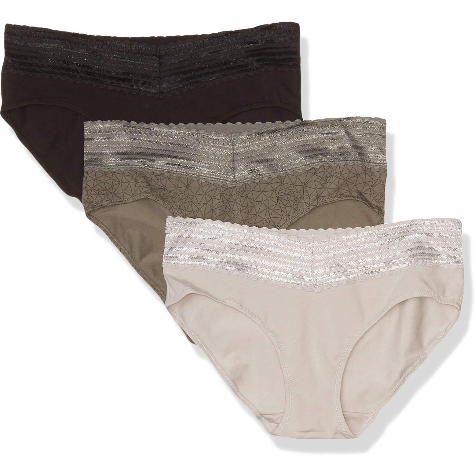 Warner's Womens Blissful Benefits No Muffin Cotton Stretch Lace Multipack Hipster Panties, Stone Crystal Web/Platinum/Black, Medium Us