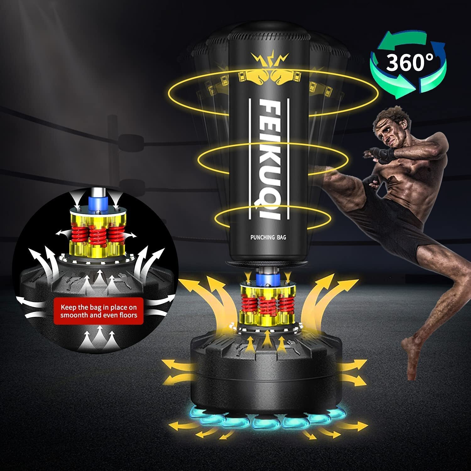 Standing Punching Bag For Adults, Feikuqi 205Lbs Boxing Bag With Stand, Shock Absorber, Suction Cup Base, Punching Bag Stand For Adult, Standing Kickboxing Bag For Home Office Gym