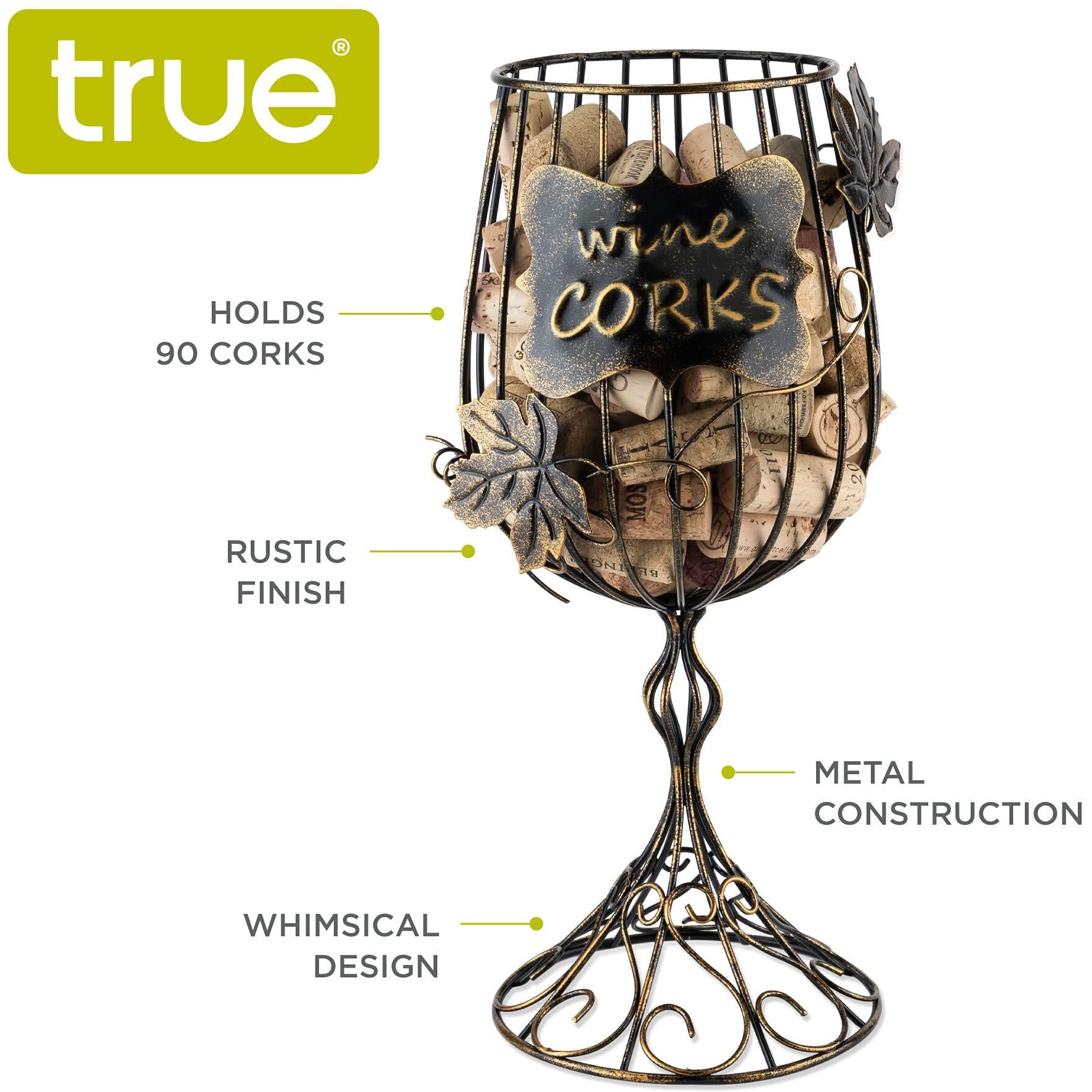 True Wine Glass Cork Holder, Decorative Wine Cork Storage And Decor, Set Of 1, Rustic Bronze Finish