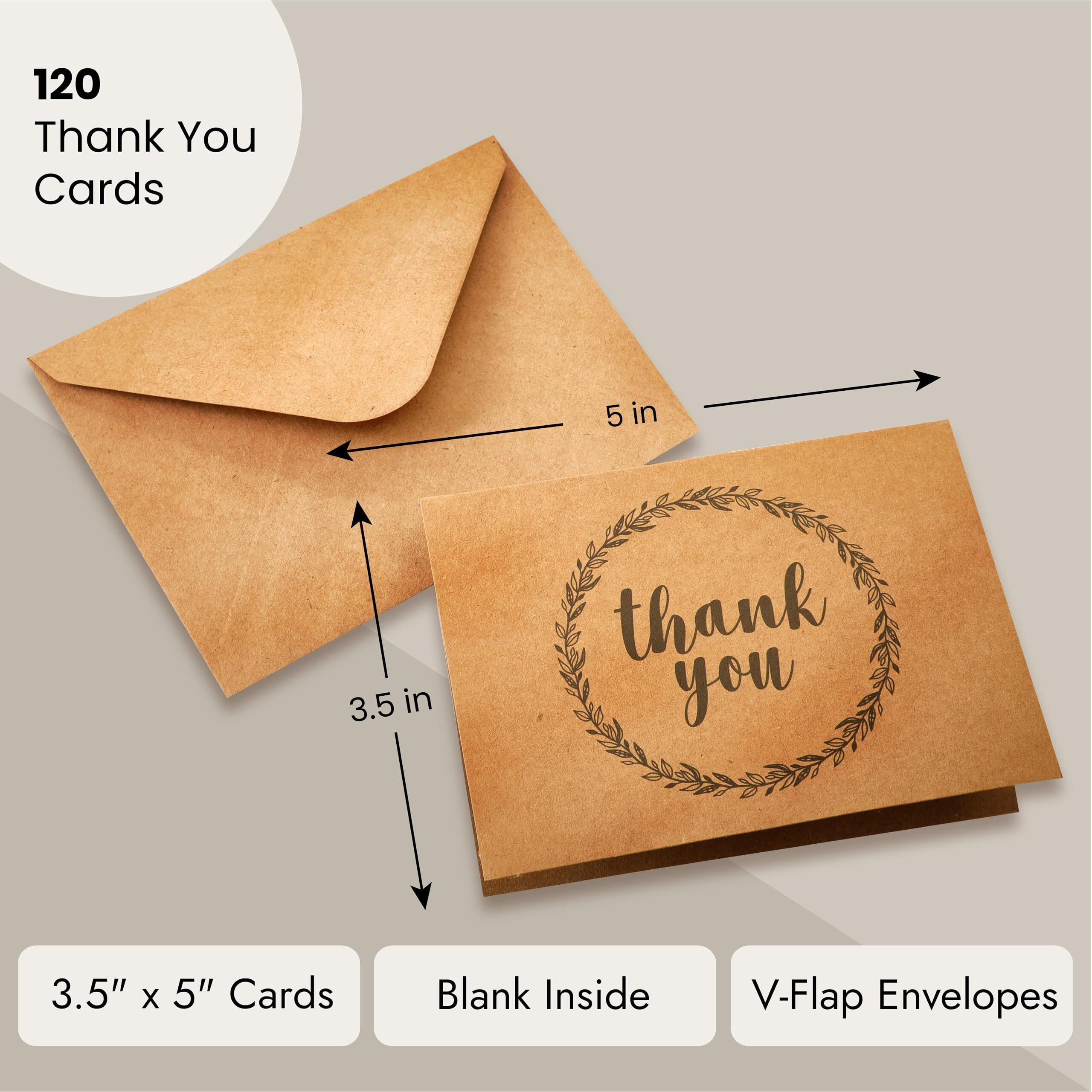Best Paper Greetings 120 Pack 3.5X5-Inch Bulk Kraft Thank You Cards With Envelopes - Blank Appreciation Gift Notes For Wedding, Teachers And Kids