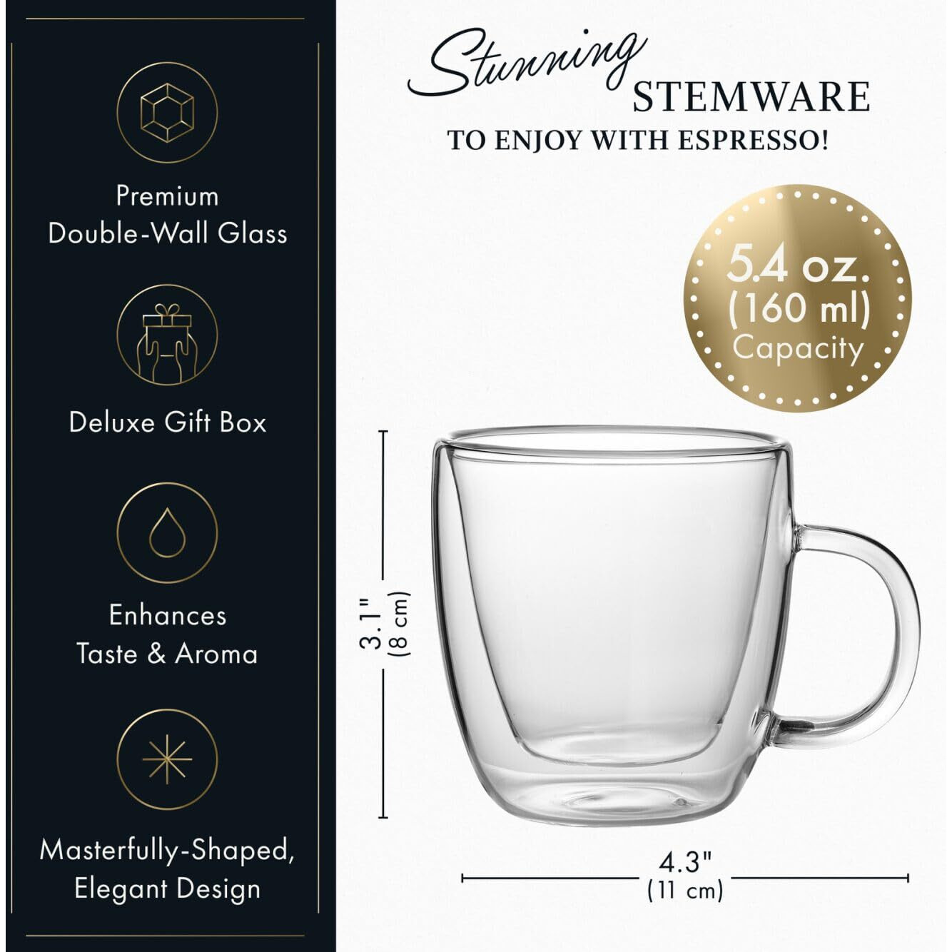 Elixir Glassware Double Wall Espresso Shot Glass - 5.4 Oz - Set Of 2 Glass Coffee Mugs - Double Walled Glass Coffee Mugs, Insulated Clear Glass Espresso Mugs, Double Wall Insulated Glasses