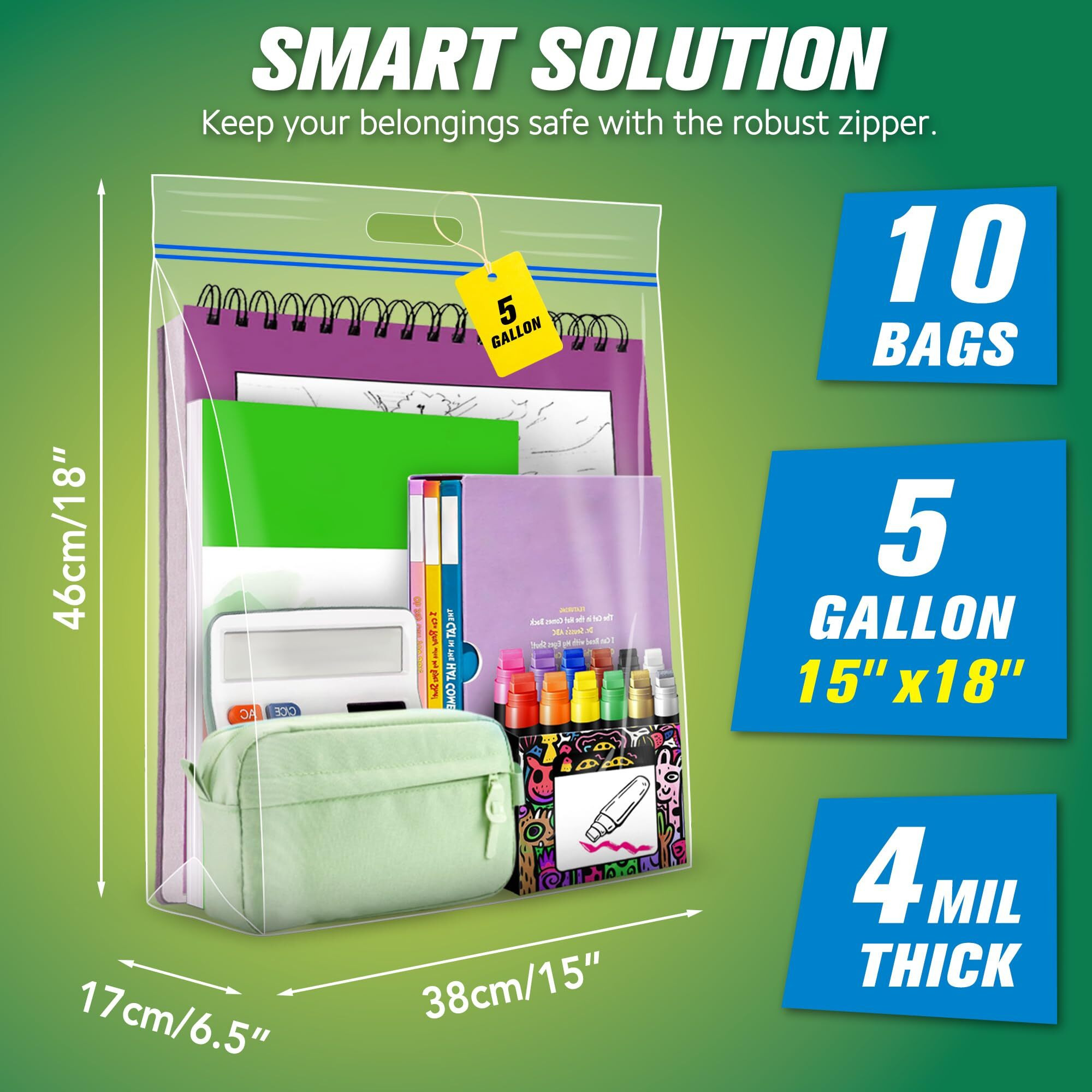 Hibag 5 Gallon Large Storage Bags, 15    X 18    Resealable Clear Bags With Handle, Extra Large Xl Heavy Duty For Clothes Pillow Travel Moving, Pack Of 10