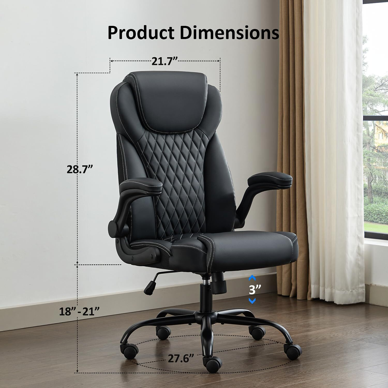 Amseatec, Office Chair, Executive Leather Chair Home Office Desk Chairs, Ergonomic Computer Desk Chair With Adjustable Flip-Up Arms, Lumbar Support Swivel Task Chair With Rocking Function (Black)
