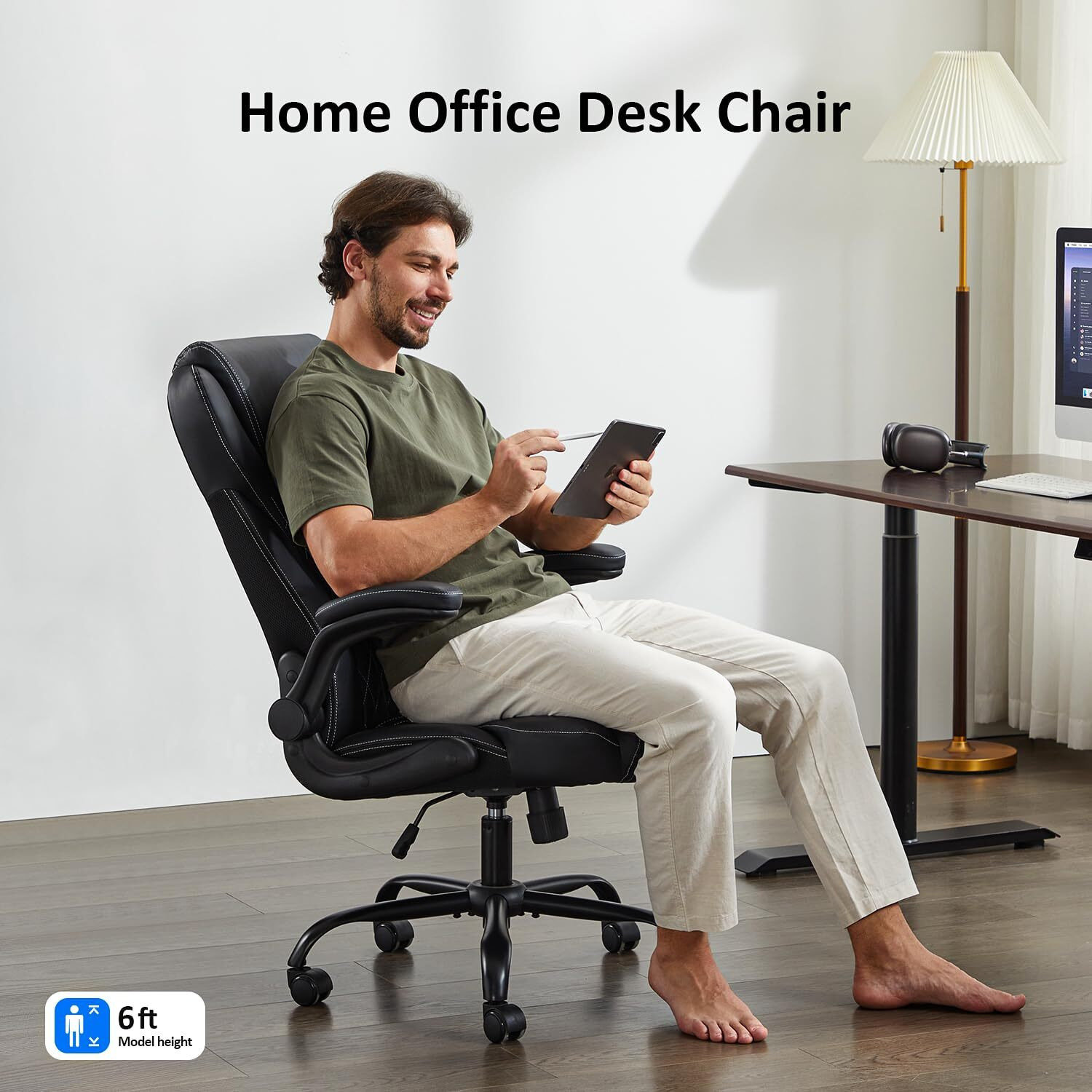 Amseatec, Office Chair, Executive Leather Chair Home Office Desk Chairs, Ergonomic Computer Desk Chair With Adjustable Flip-Up Arms, Lumbar Support Swivel Task Chair With Rocking Function (Black)