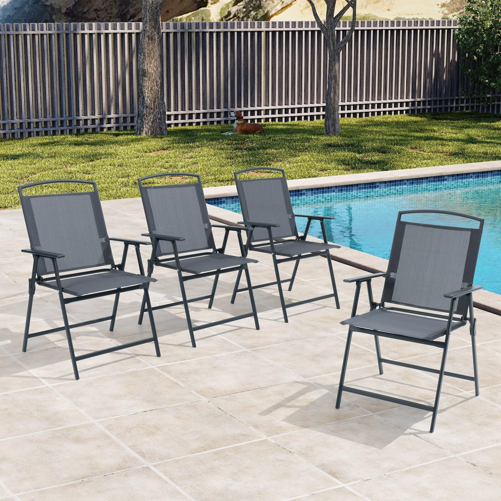 Crestlive Products Patio Folding Chairs Set Of 4, Outdoor Folding Chairs With Durable Rust-Resistant Frame And Breathable Textilene Material For Outside, Gray