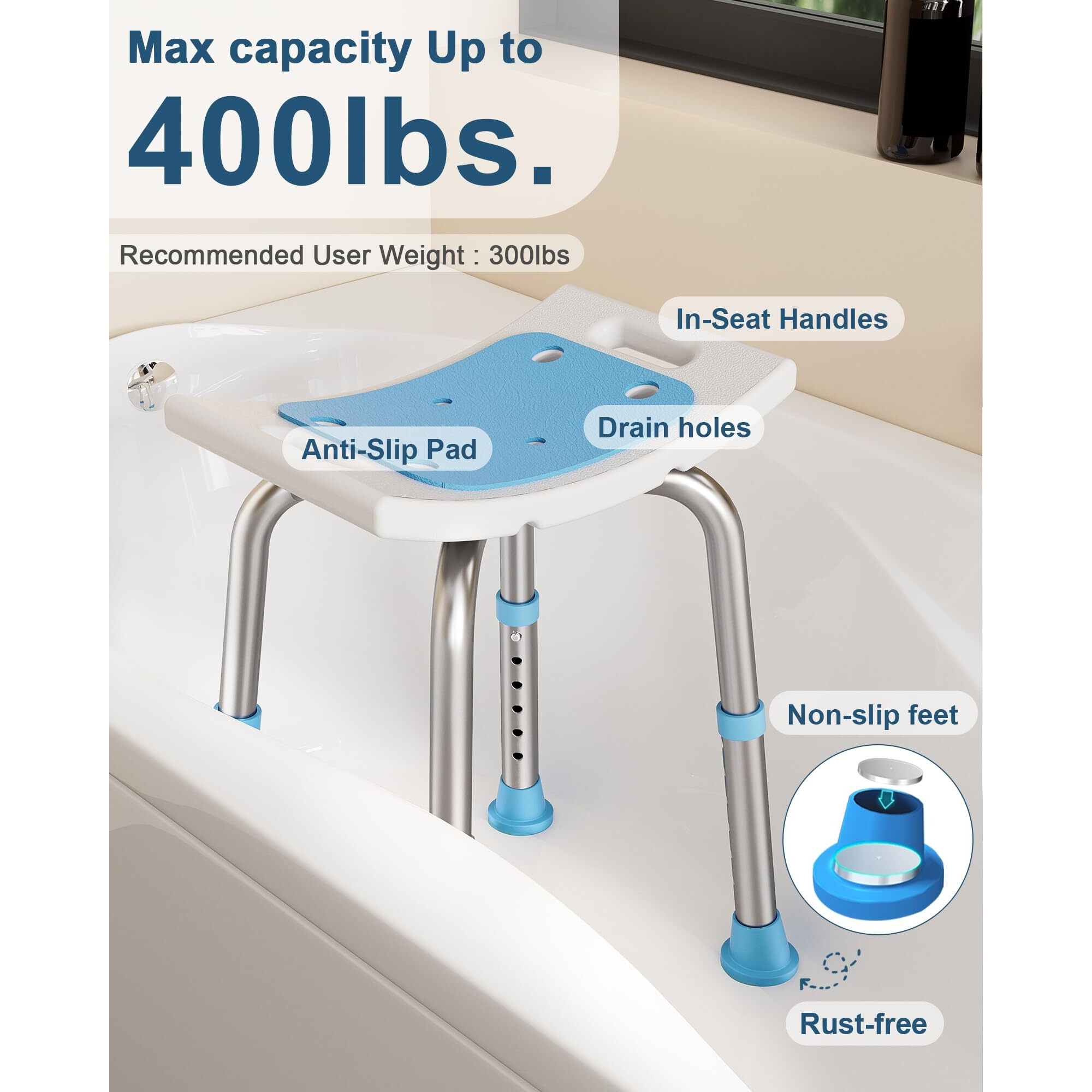 Homland Shower Chair For Inside Shower, Fsa/Hsa Eligible 400 Lbs Adjustable Shower Stool With Suction Feet, Shower Seat For Inside Tub Bathroom Bench Bath Chair For Elderly And Disabled