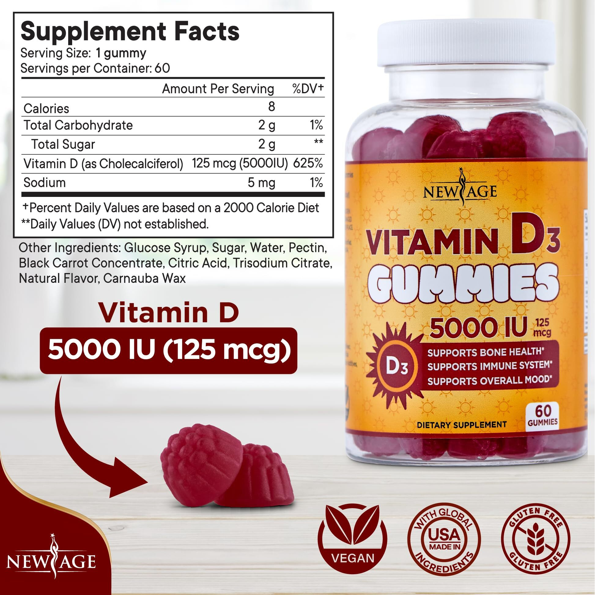 New Age Vitamin D3 5000 Iu 125Mcg Gummies - Support Immune Support, Strong Bone Health - Non-Gmo, Gluten-Free, Dairy-Free, No Gelatin (120 Gummies (Pack Of 2))