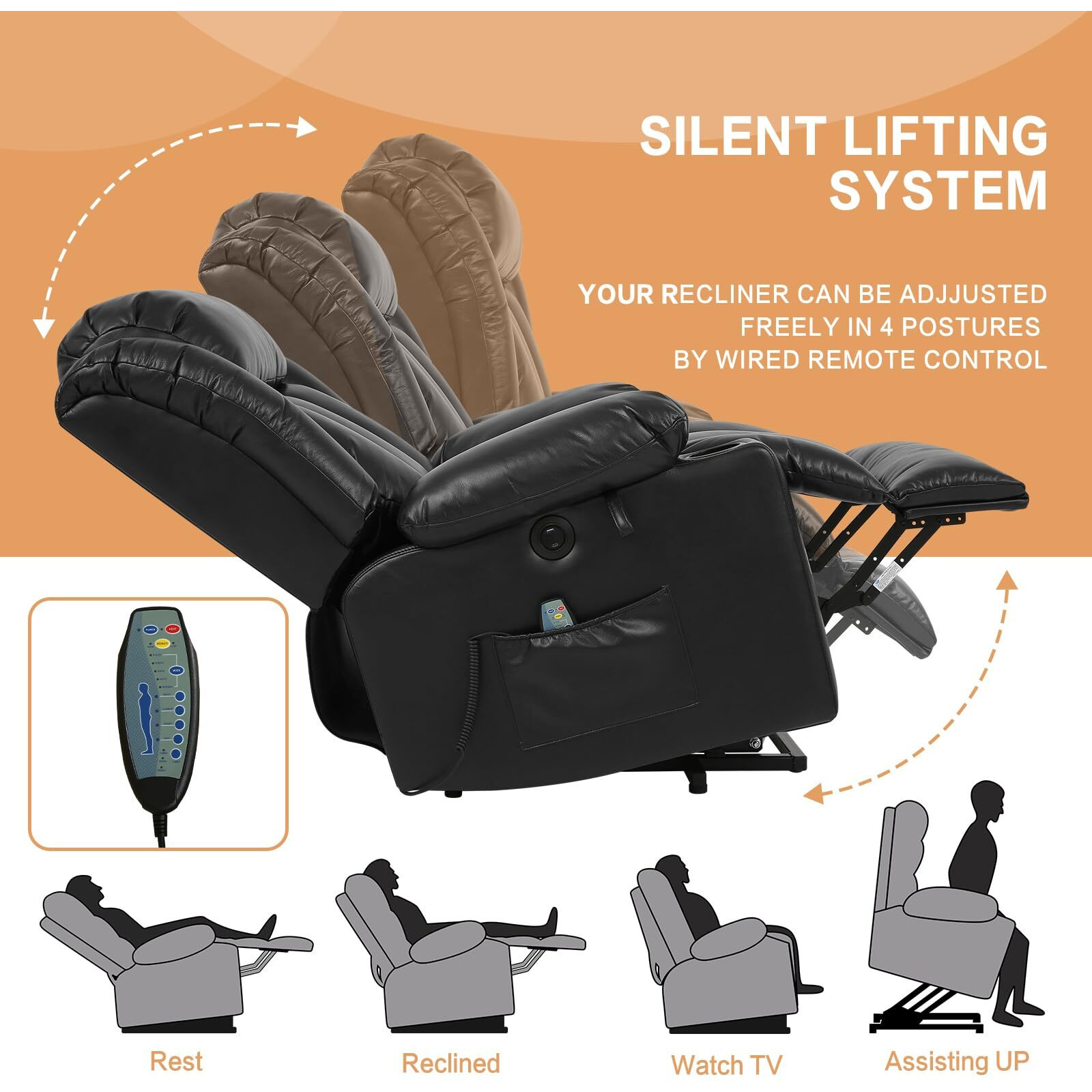 Parkol Power Lift Recliner Chair For Elderly Breathable Leather Recliner Chair With Massage And Heat,2 Cup Holders,Electric Stand Assist,Usb Ports,Gifts For Family (Black)