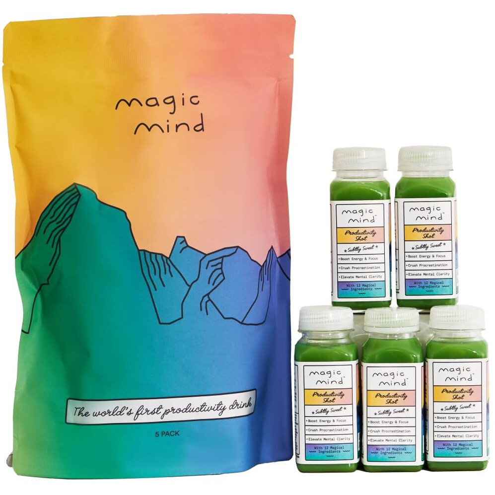 Magic Mind Focus Energy Drink Shots - No Jitters, Stress Relieving, Ashwagandha, Functional Mushrooms, Matcha Green Tea, Vitamin B12, Vitamin C - 2 Fl Oz (5 Pack)