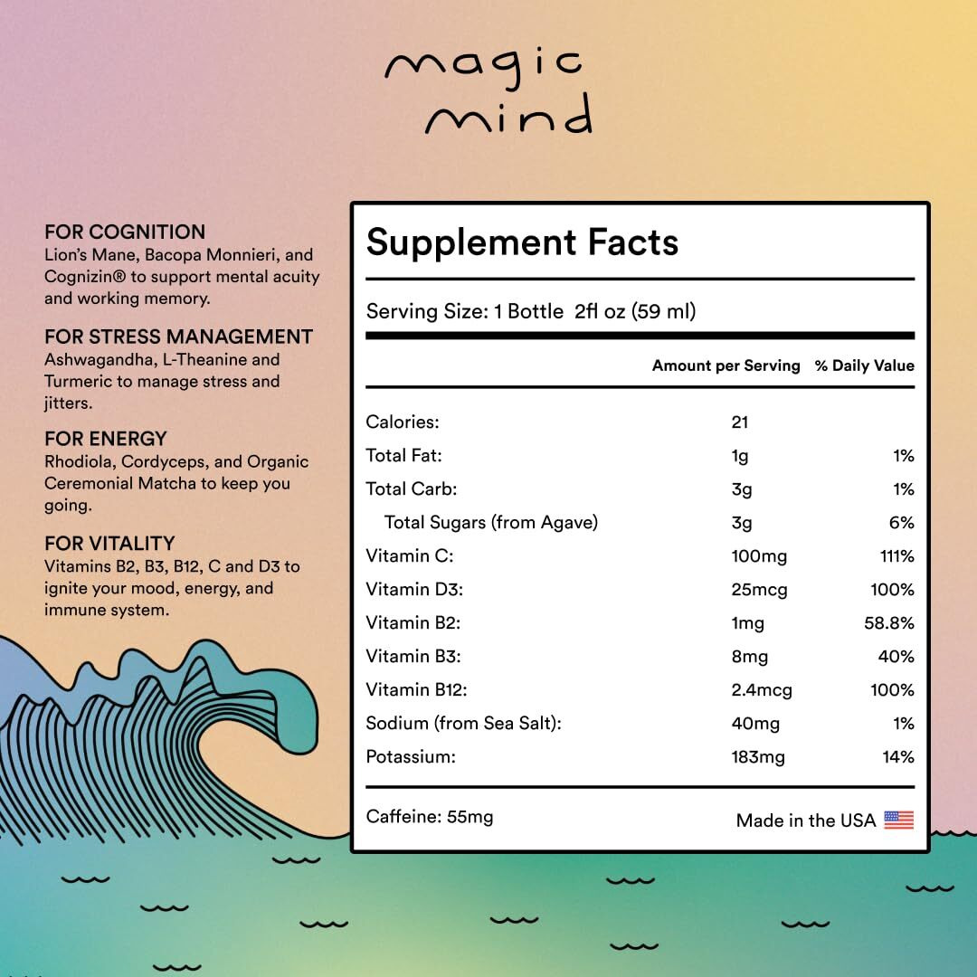 Magic Mind Focus Energy Drink Shots - No Jitters, Stress Relieving, Ashwagandha, Functional Mushrooms, Matcha Green Tea, Vitamin B12, Vitamin C - 2 Fl Oz (5 Pack)
