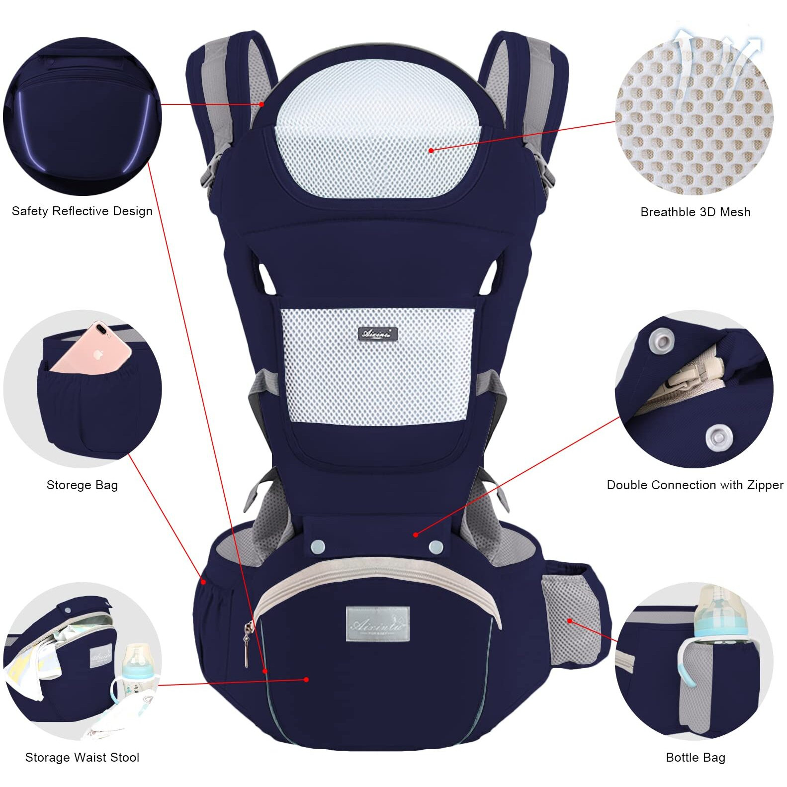 Ocanoiy Baby Carrier Newborn To Toddler Baby Wrap Carrier With Hip Seat Baby Kangaroo Carrier Toddler Infant Baby Holder Carrier For Men/Women Dad Mom (Dark Blue)