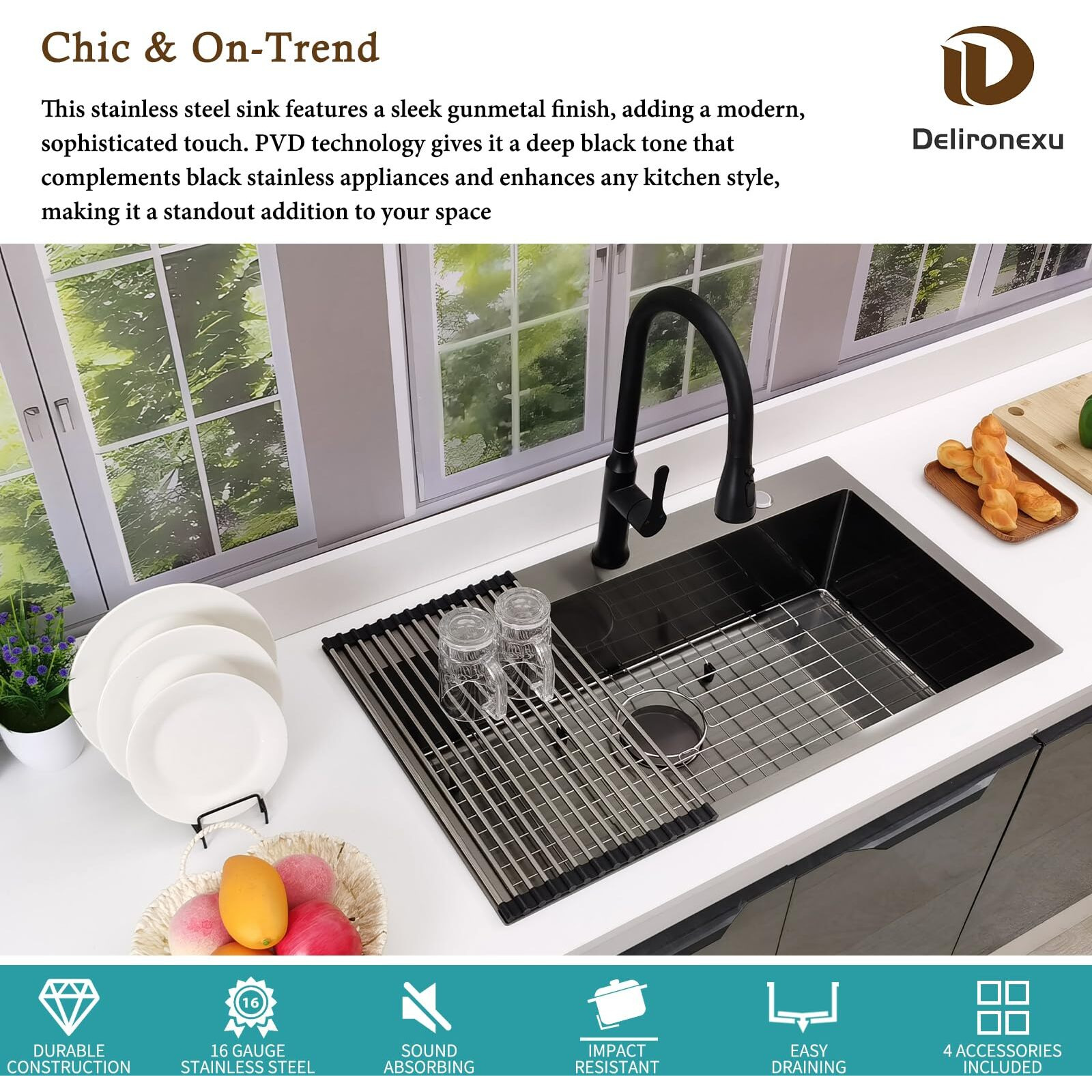 33 Inch Black Kitchen Sink Drop In - Delironexu 33X19 Drop In Kitchen Sink, 16 Gauge Black Stainless Steel Sink Top Mount, Single Bowl Kitchen Sinks With 4 Accessories