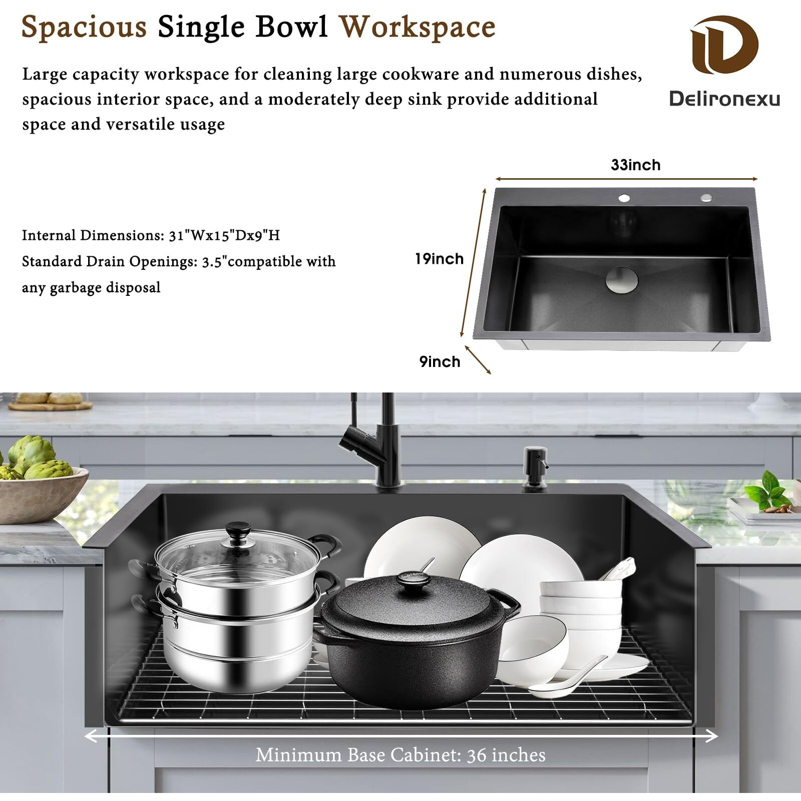 33 Inch Black Kitchen Sink Drop In - Delironexu 33X19 Drop In Kitchen Sink, 16 Gauge Black Stainless Steel Sink Top Mount, Single Bowl Kitchen Sinks With 4 Accessories