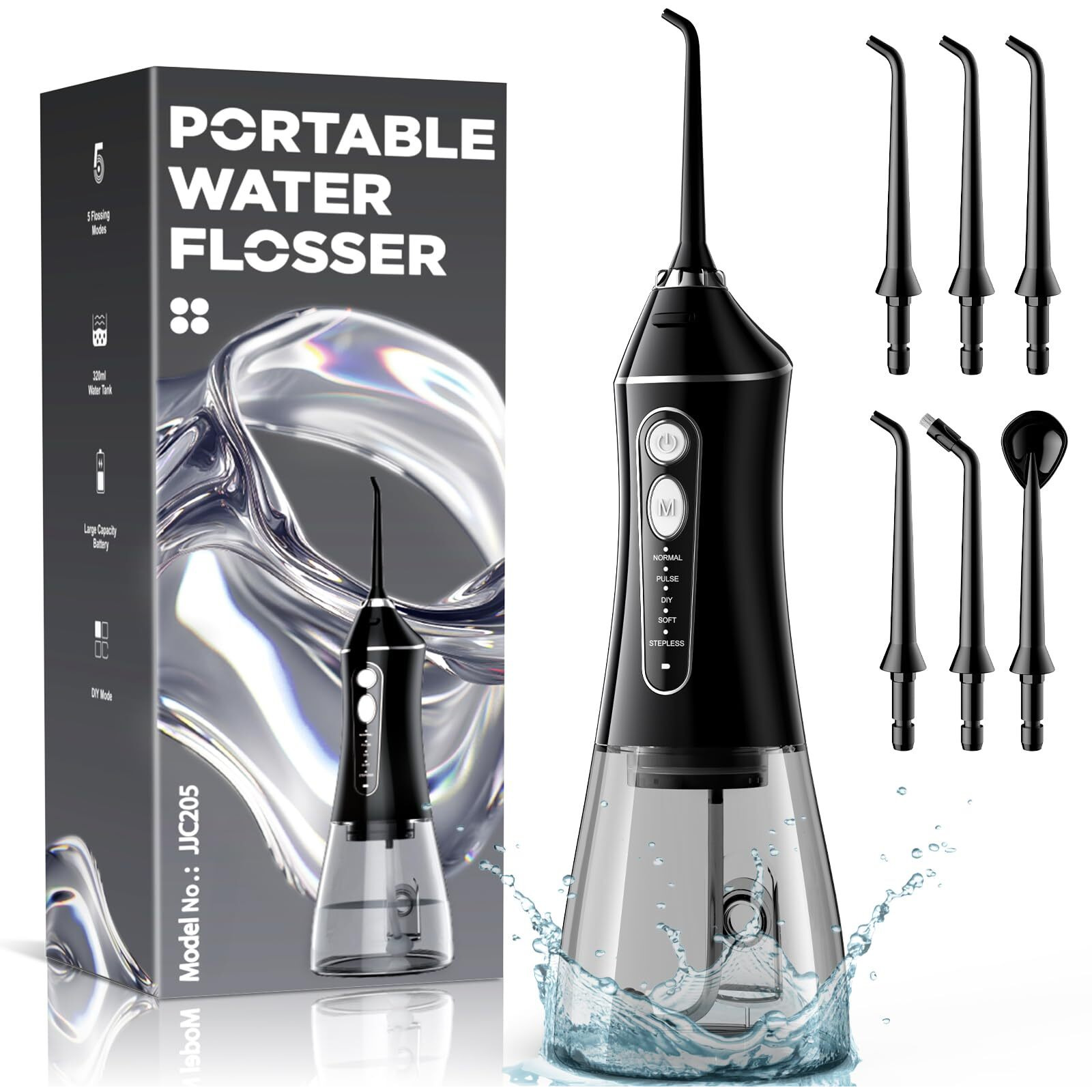 Water Flosser For Teeth Cleaning And Flossing, 5 Modes Rechargeable Cordless Oral Irrigator 320Ml Water Tank Teeth Cleaner, Ipx7 Waterproof Portable Electric Dentel Flossers For Home And Travel,Black