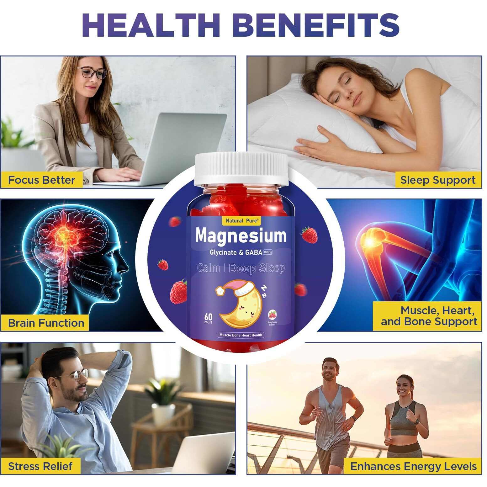 Magnesium Glycinate Gummies With Gaba For Clam And Bed Time 400Mg Sugar Free Magnesium Glycinate Supplement With Vitamin D, B6, And Coq10 For Calm & Bed Time For Kids Adults