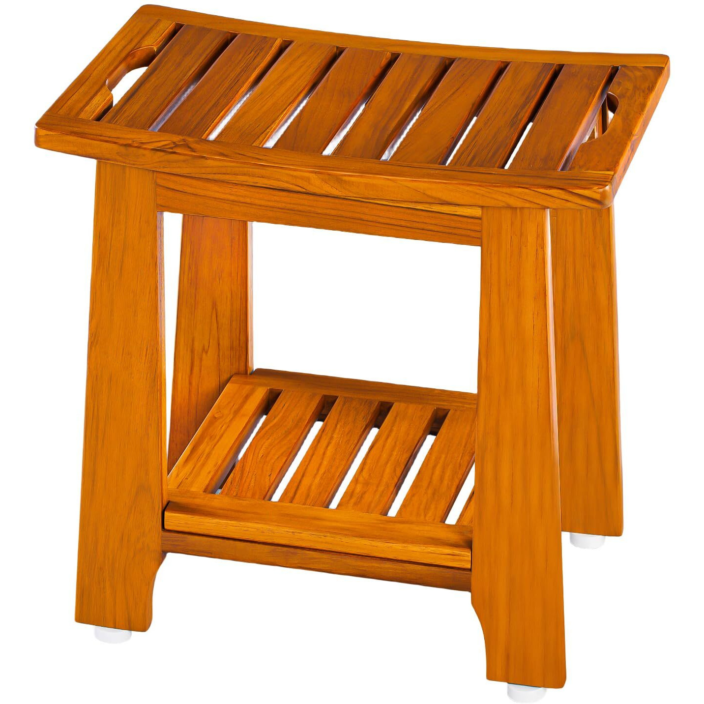 Nnn 14"" Compact Teak Shower Stool With Shelf & Handle - Waterproof, Non-Slip Bath Bench For Small Bathrooms/Outdoor Use, 300 Lbs Capacity (Patented)