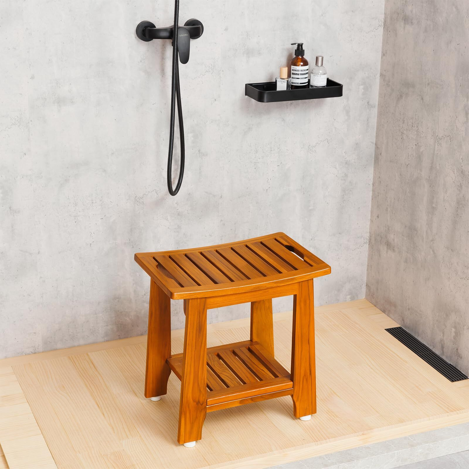 Nnn 14"" Compact Teak Shower Stool With Shelf & Handle - Waterproof, Non-Slip Bath Bench For Small Bathrooms/Outdoor Use, 300 Lbs Capacity (Patented)