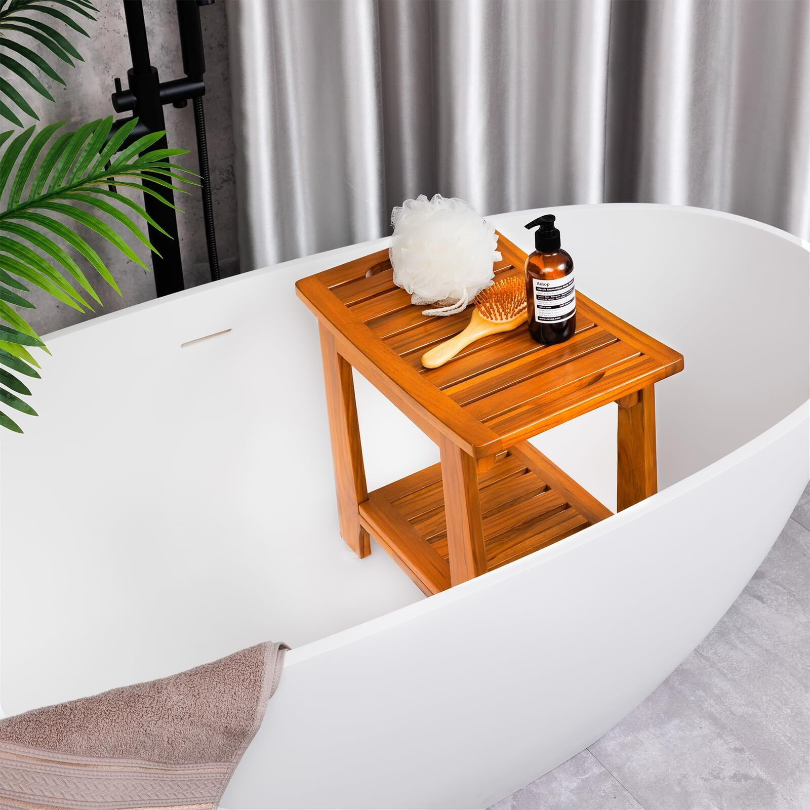 Nnn 14"" Compact Teak Shower Stool With Shelf & Handle - Waterproof, Non-Slip Bath Bench For Small Bathrooms/Outdoor Use, 300 Lbs Capacity (Patented)