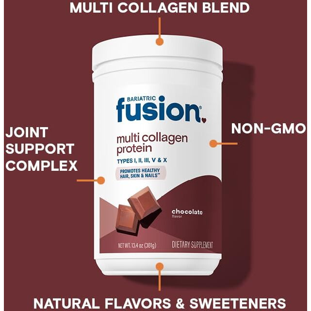 Bariatric Fusion Chocolate Multi Collagen Protein Powder | Hydrolyzed Collagen Peptides Powder Plus Joint Support Complex Of Msm And Glucosamine | Type 2 | Dairy, Gluten & Soy Free | 30 Servings