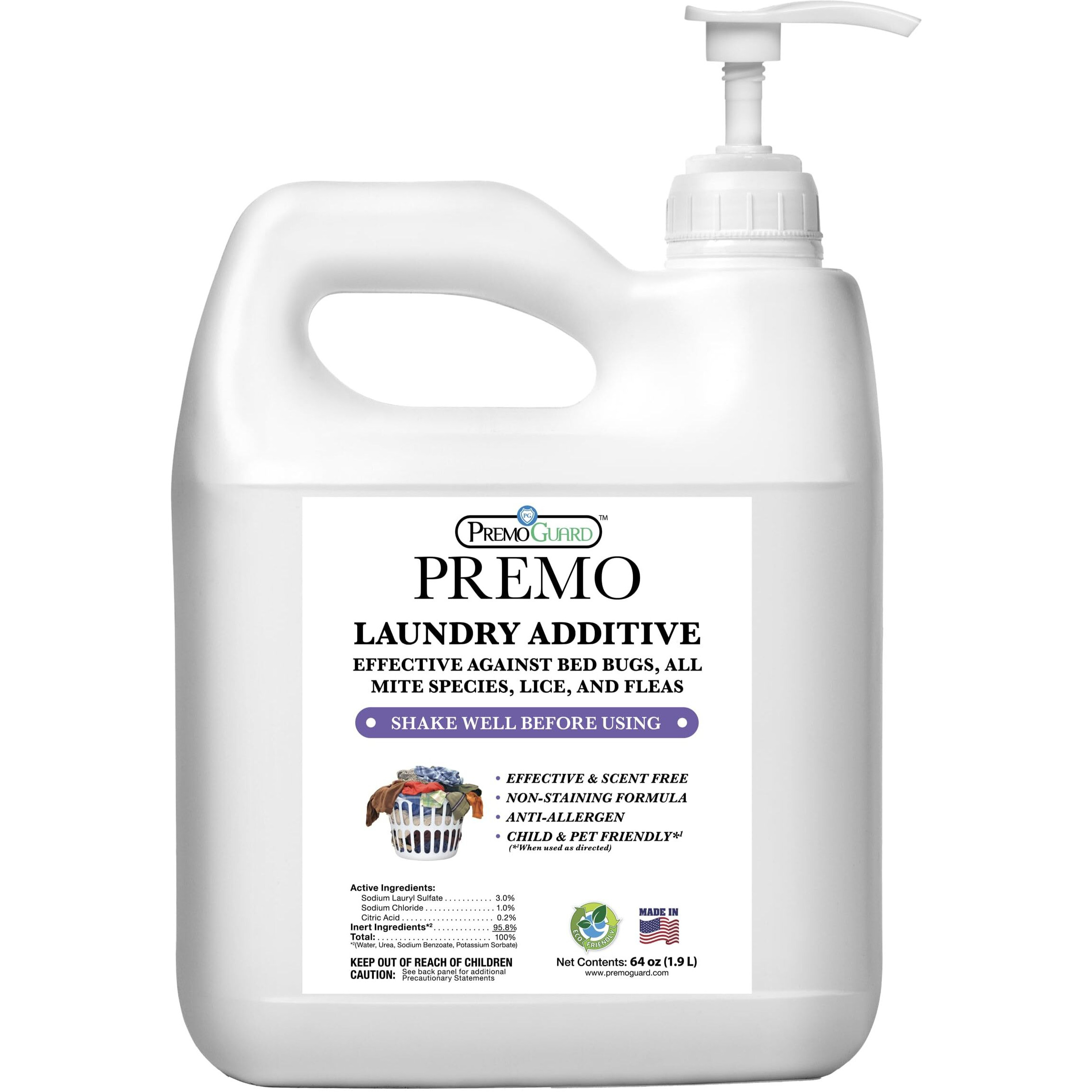 Premo Guard Bed Bug, Mite & Lice Laundry Detergent Additive 64 Oz - Child & Pet Friendly - Stain & Odor Free - Best Natural Non-Toxin Treatment