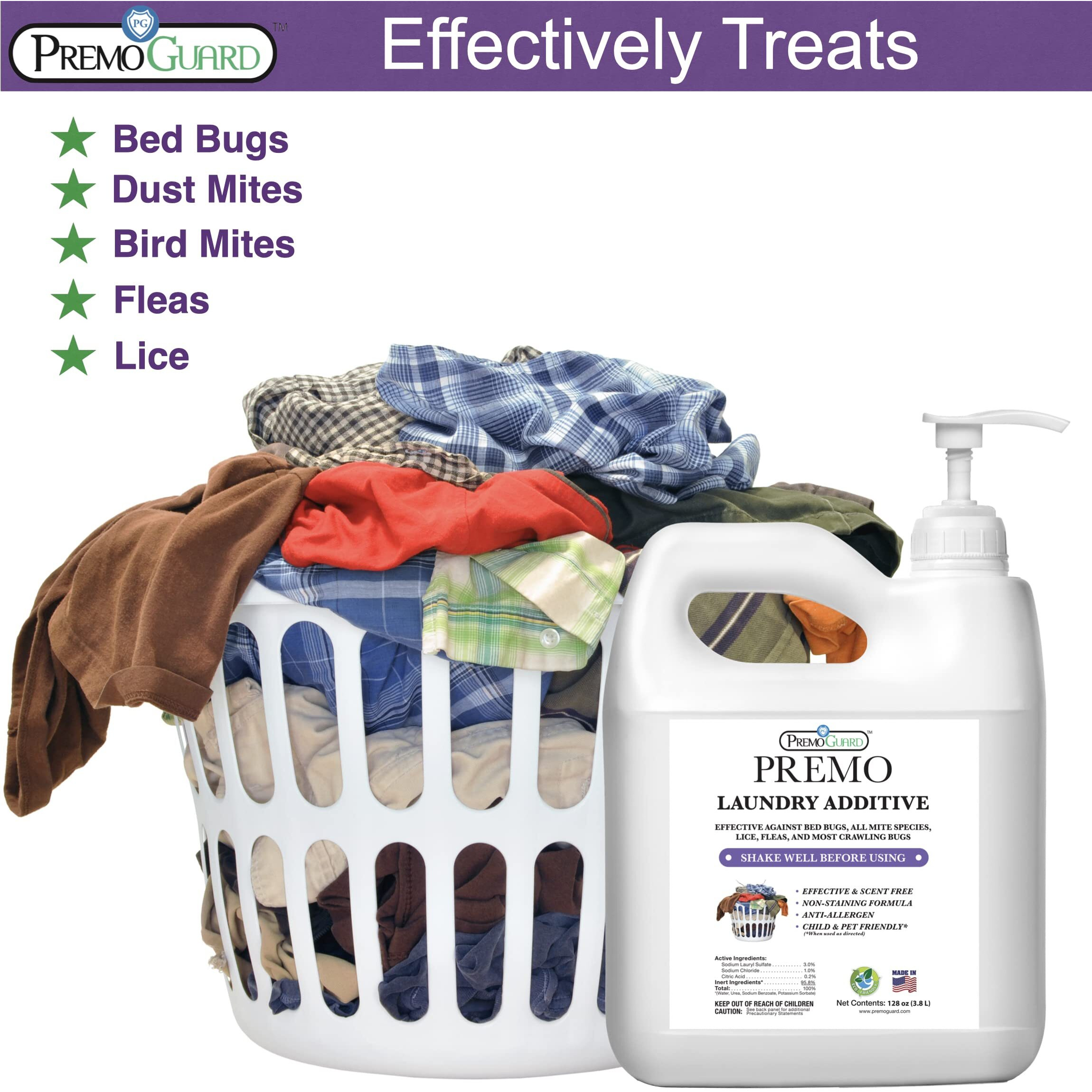 Premo Guard Bed Bug, Mite & Lice Laundry Detergent Additive 64 Oz - Child & Pet Friendly - Stain & Odor Free - Best Natural Non-Toxin Treatment