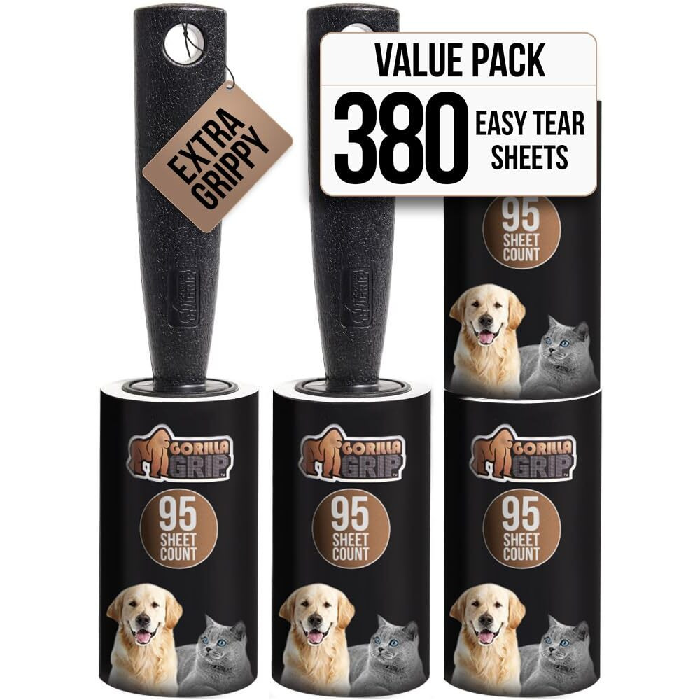 Gorilla Grip Extra Grippy Lint Rollers, 380 Large Easy Tear Sheets, 2 Comfort Handles + 4 Refillable Rolls Included, Pet Hair Remover Brush, Clothes Furniture, Dog, Cat Animal Friendly Reusable Roller