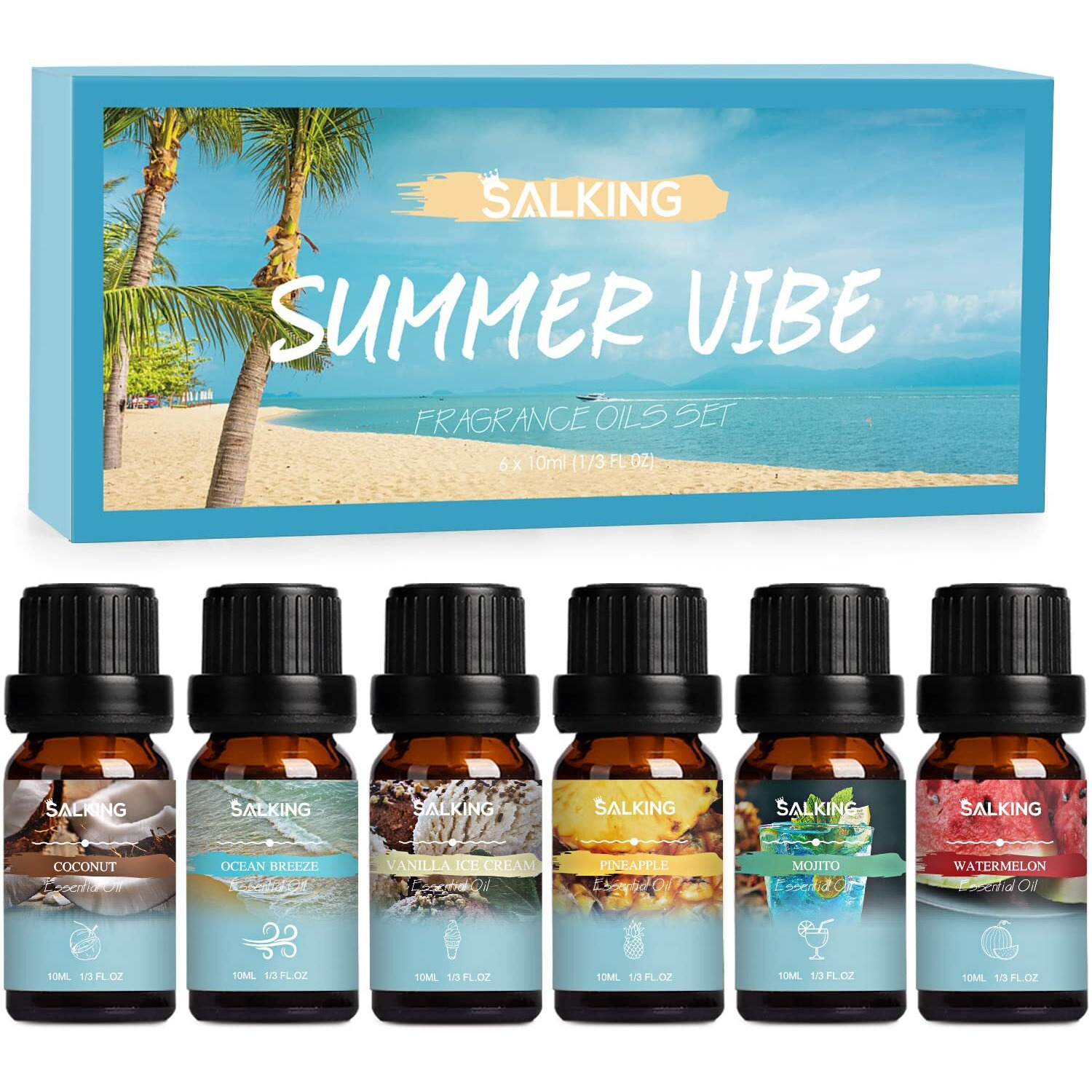 Salking Summer Fragrance Oils Set, Premium Essential Oils Gift Set For Diffuser, Scented Oil For Soap & Candle Making - Ocean Breeze, Mojito, Coconut, Pineapple, Watermelon, Vanilla Ice Cream