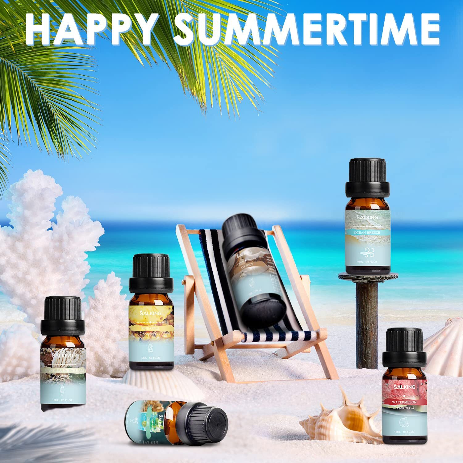 Salking Summer Fragrance Oils Set, Premium Essential Oils Gift Set For Diffuser, Scented Oil For Soap & Candle Making - Ocean Breeze, Mojito, Coconut, Pineapple, Watermelon, Vanilla Ice Cream