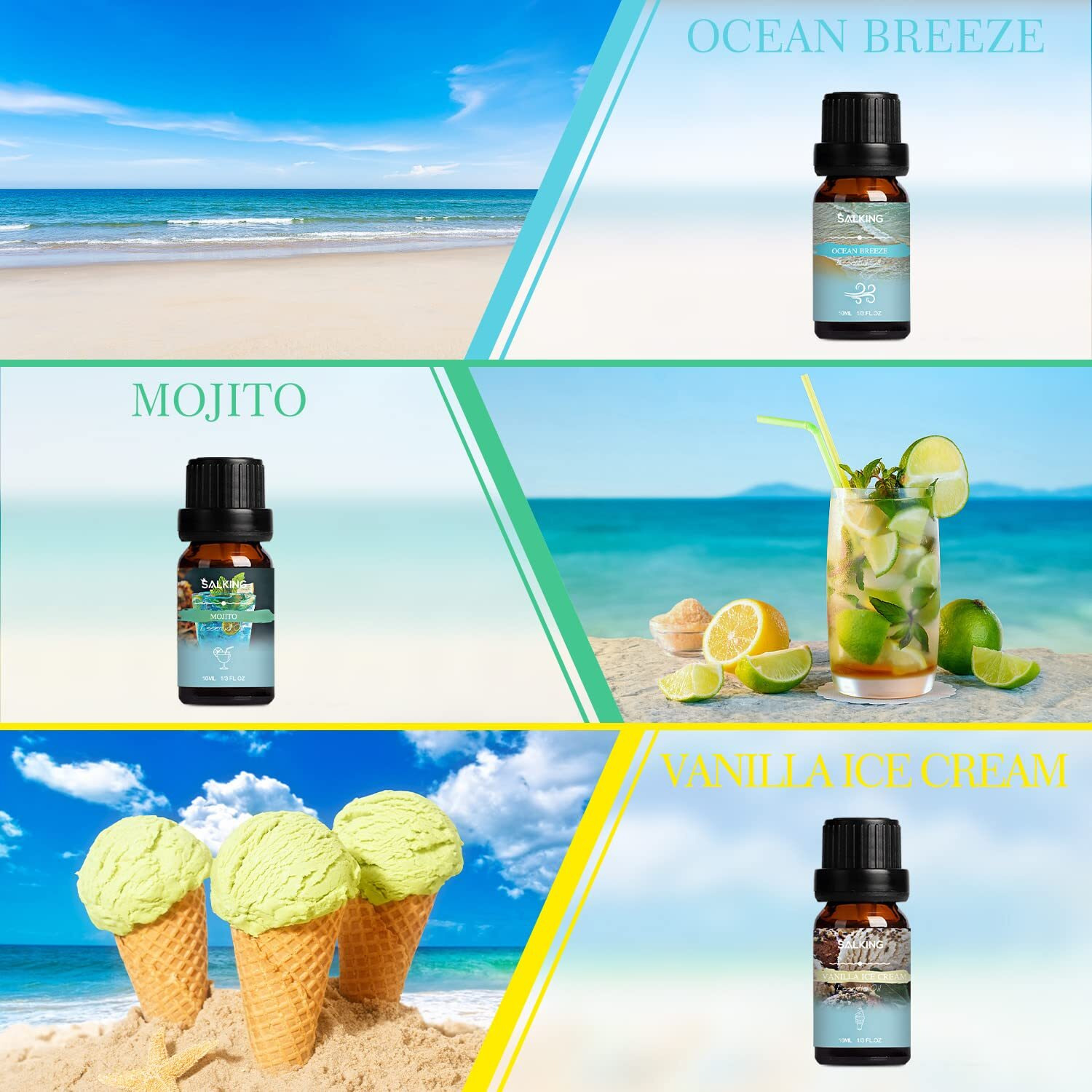 Salking Summer Fragrance Oils Set, Premium Essential Oils Gift Set For Diffuser, Scented Oil For Soap & Candle Making - Ocean Breeze, Mojito, Coconut, Pineapple, Watermelon, Vanilla Ice Cream