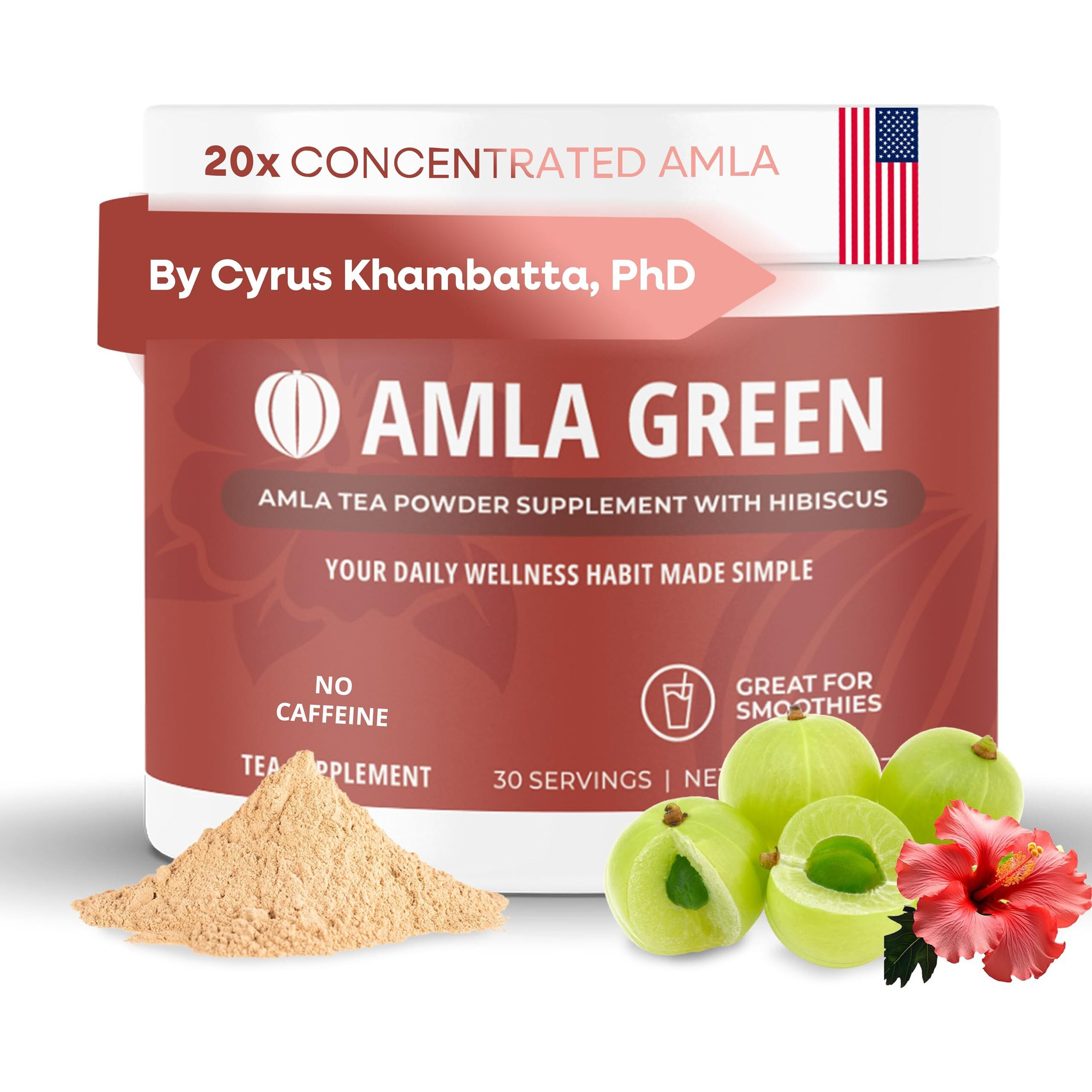 Amla Powder & Green Tea Superfood Supplement With Hibiscus, 20X Ultra Concentrated Amla, Antioxidant Support, Made With Oolong Tea And Indian Gooseberries, Organic, Vegan, Hibiscus, 30 Servings