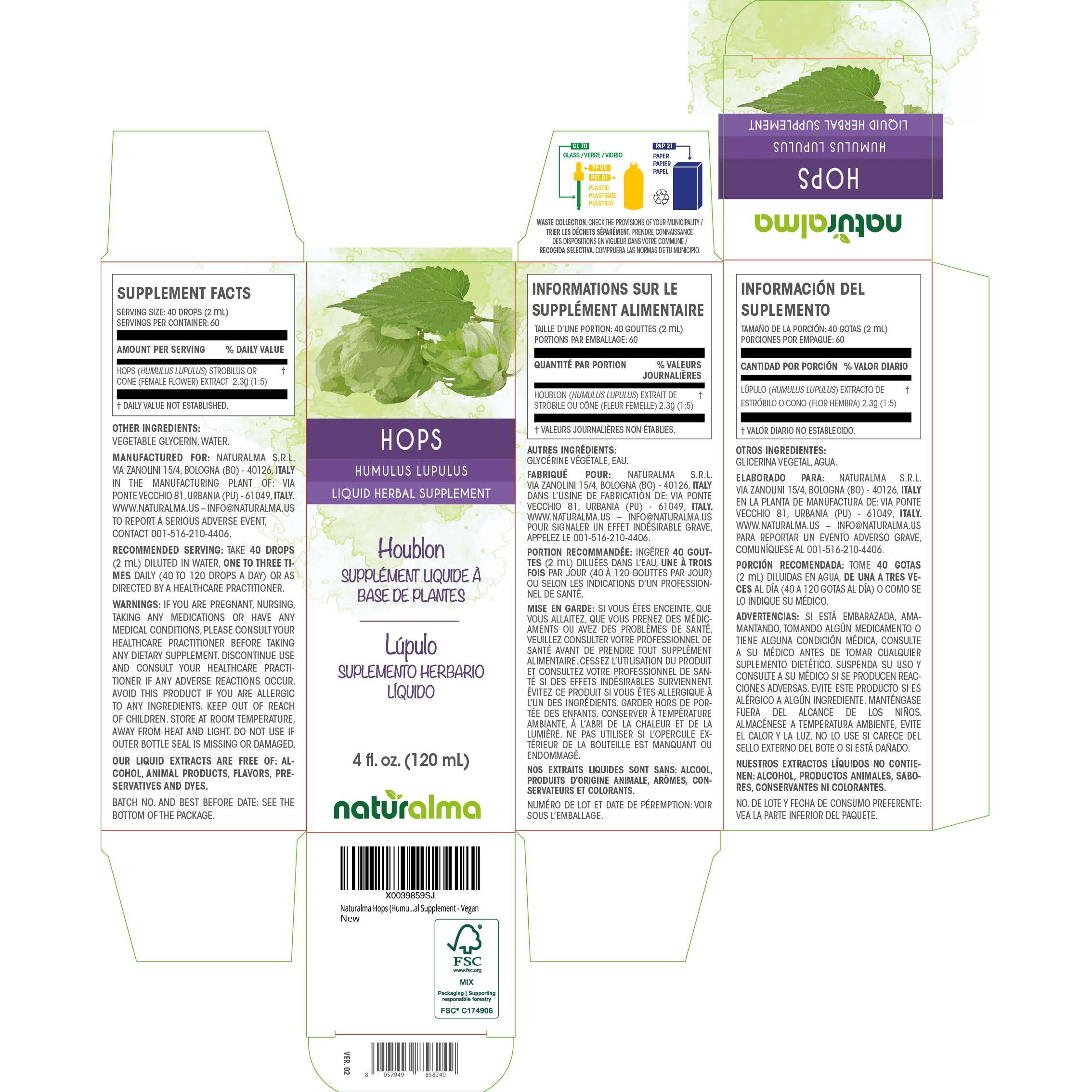 Naturalma Hops (Humulus Lupulus) Strobilus Or Cone (Female Flowers) Alcohol-Free Tincture - 4 Fl Oz Liquid Extract In Drops - Herbal Supplement - Vegan
