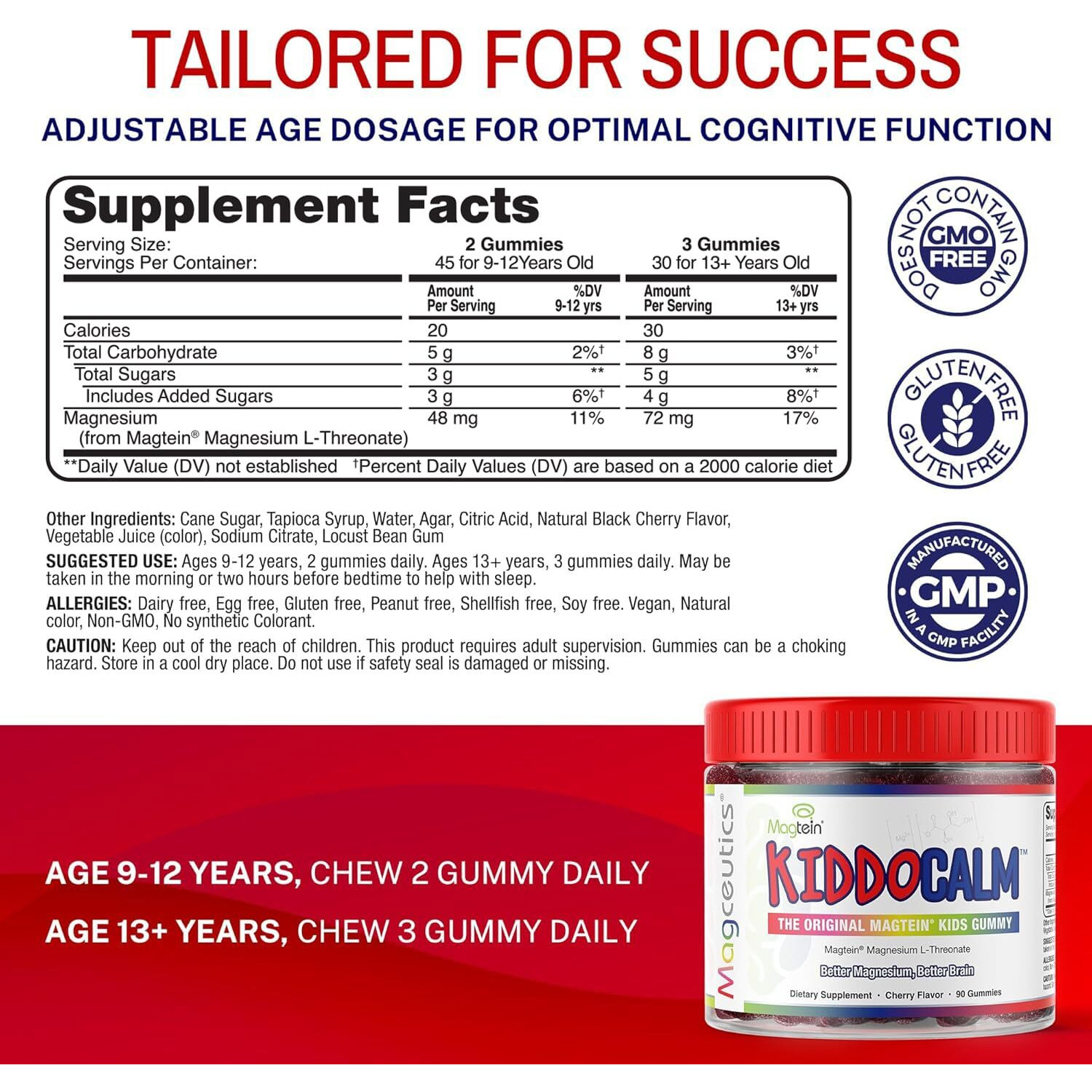Magceutics Kiddocalm Gummies For Kids - Magtein Magnesium L-Threonate, Increases Calm, Sleep, Focus, Memory And Cognitive Function - Cherry Flavor, 90 Vegan Gummies