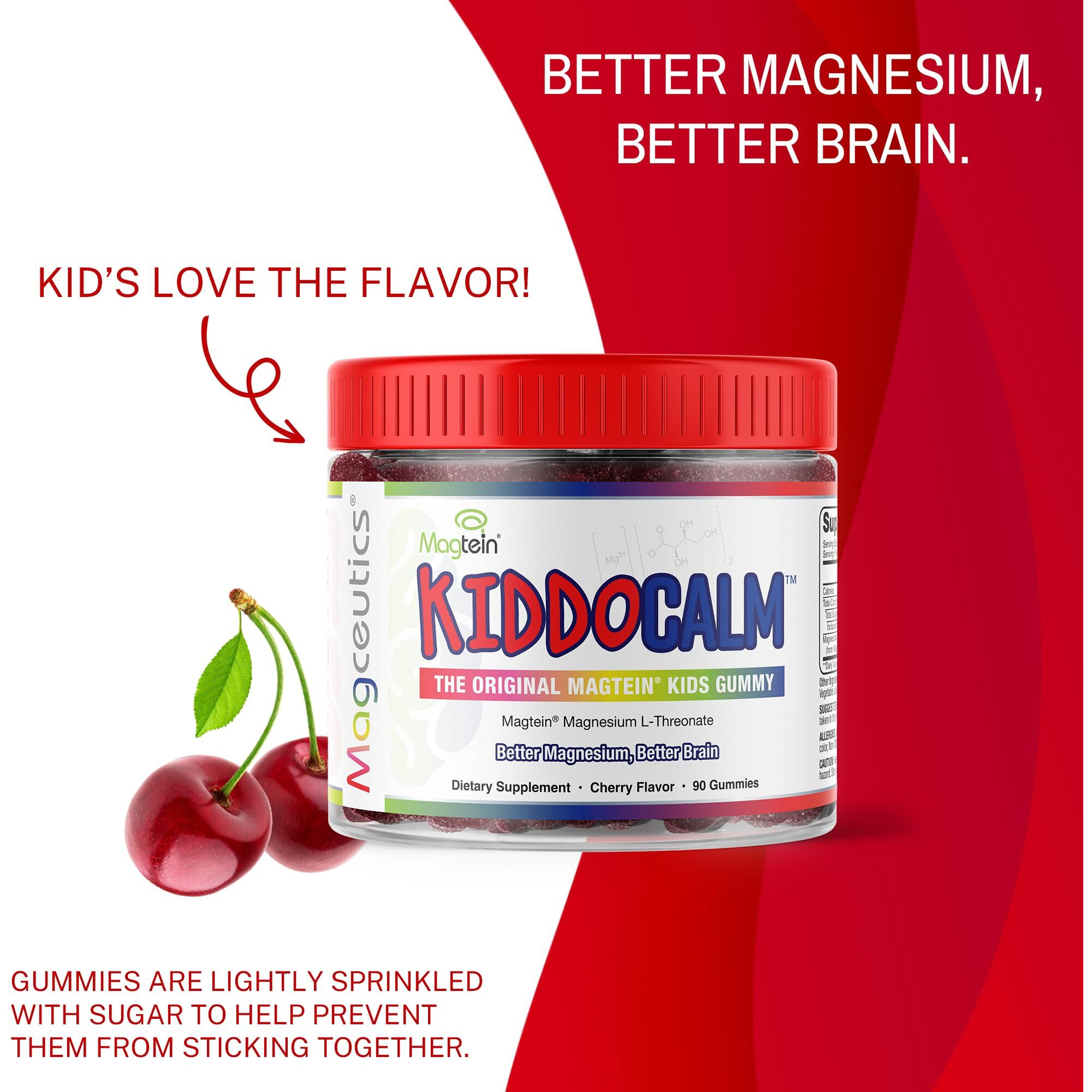 Magceutics Kiddocalm Gummies For Kids - Magtein Magnesium L-Threonate, Increases Calm, Sleep, Focus, Memory And Cognitive Function - Cherry Flavor, 90 Vegan Gummies