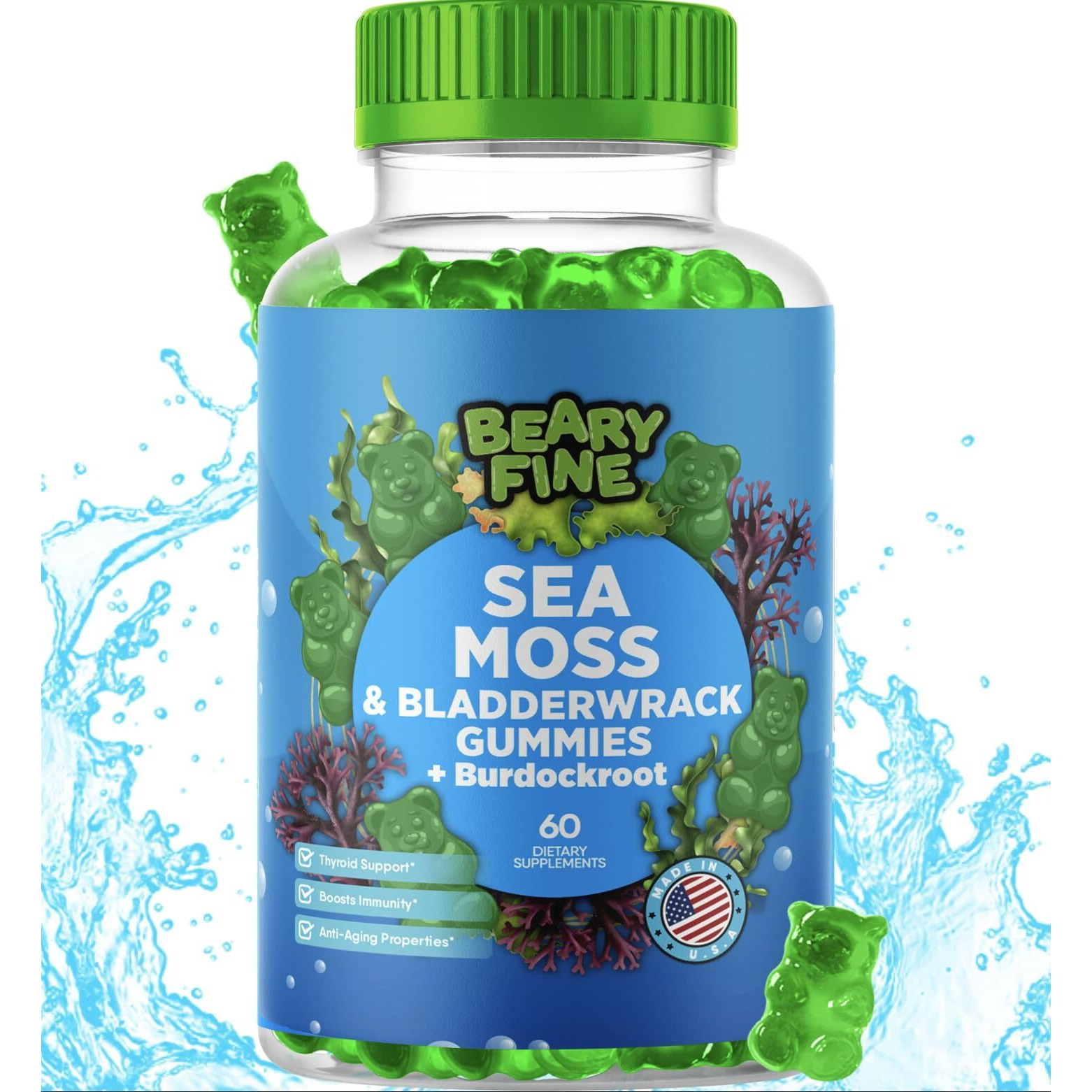 Beary Fine Sea Moss Gummies & Apple Cider Vinegar - Burdock Root + Bladderwrack - 102 Minerals For Daily Wellness & Nutrient Support - 60 Seamoss Gummies For Kids & Adults - Made In The Usa
