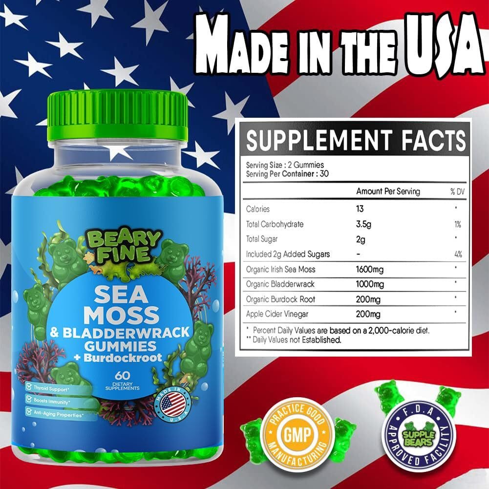 Beary Fine Sea Moss Gummies & Apple Cider Vinegar - Burdock Root + Bladderwrack - 102 Minerals For Daily Wellness & Nutrient Support - 60 Seamoss Gummies For Kids & Adults - Made In The Usa