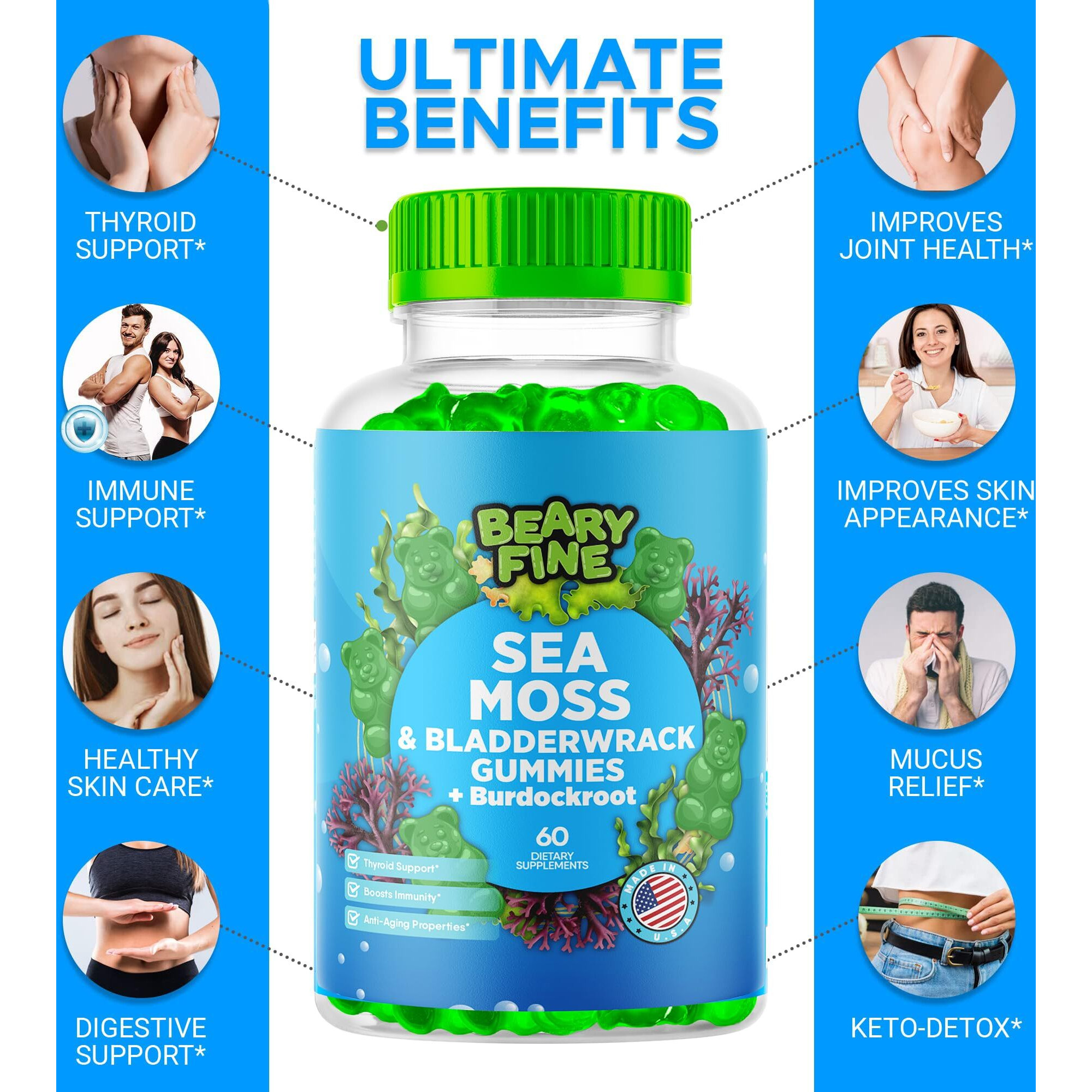 Beary Fine Sea Moss Gummies & Apple Cider Vinegar - Burdock Root + Bladderwrack - 102 Minerals For Daily Wellness & Nutrient Support - 60 Seamoss Gummies For Kids & Adults - Made In The Usa