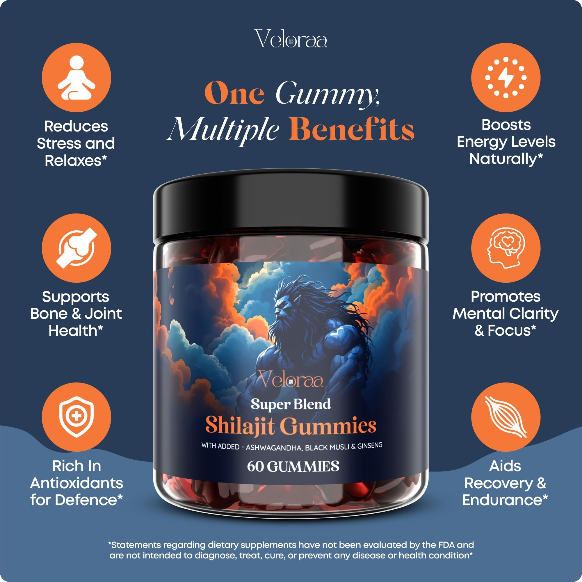 Veloraa Super Blend Shilajit Gummies For Men Women - Pure Himalayan Shilajit And Ashwagandha Gummies With 85+ Minerals, Supports Energy, Vitality & Wellness, Convenient Strawberry Flavor, 60 Gummies