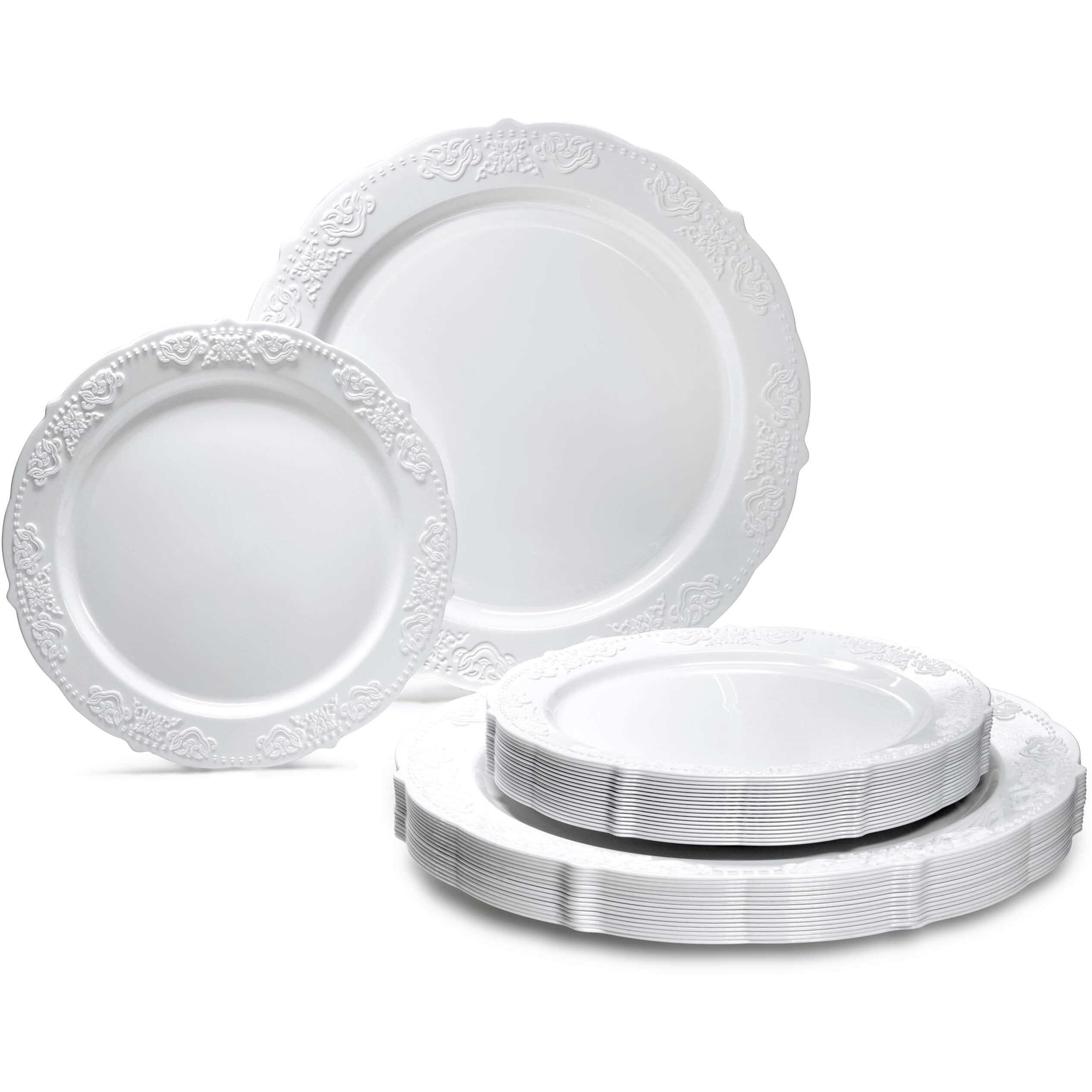 "" Occasions "" 50 Plates Pack (25 Guests) Vintage Wedding Party Disposable Plastic Plate Set -25X10.25'' Dinner +25X7.5'' Salad/Dessert Plates (Portofino Plain White)