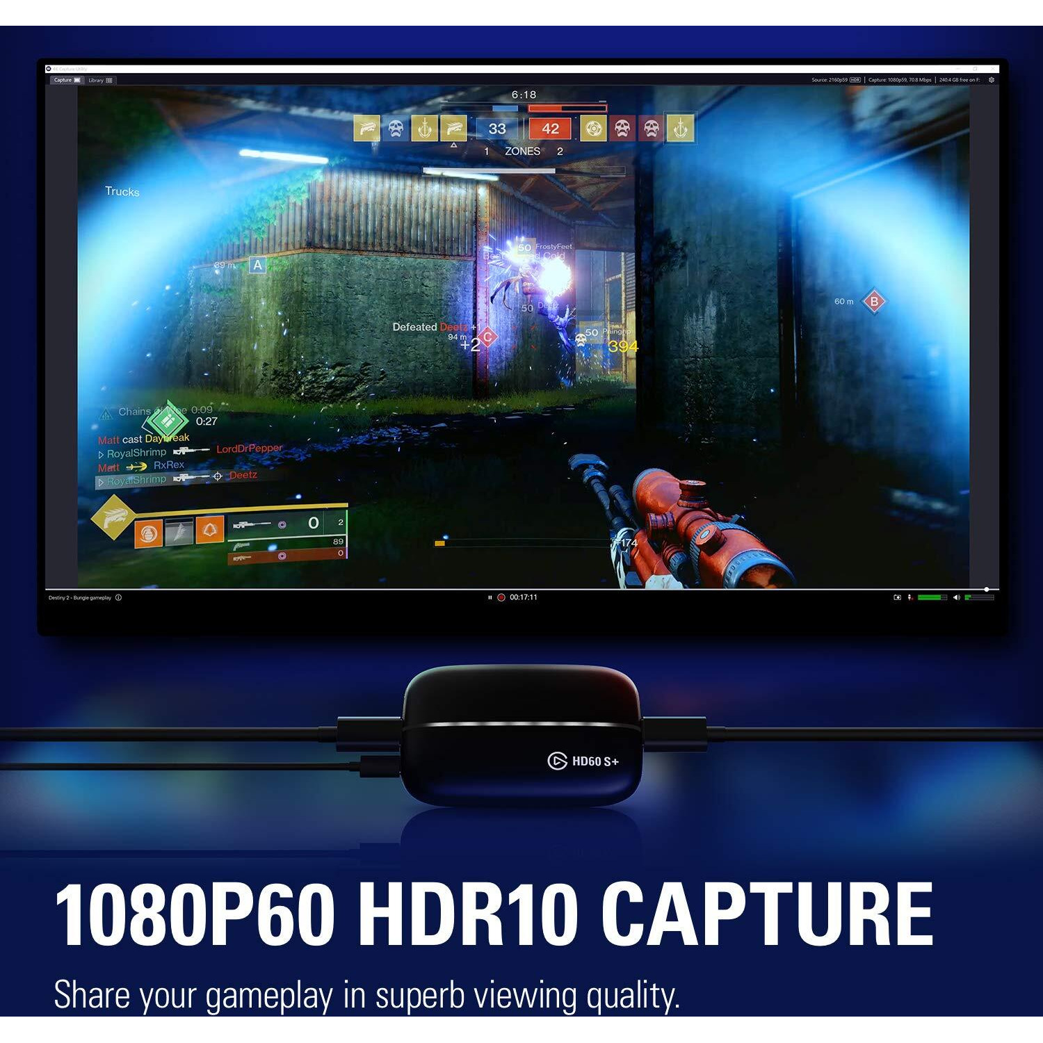 Elgato Hd60 S+, External Capture Card, Stream And Record In 1080P60 Hdr10 Or 4K60 Hdr10 With Ultra-Low Latency On Ps5, Ps4/Pro, Xbox Series X/S, Xbox One X/S, In Obs And More, Works With Pc And Mac