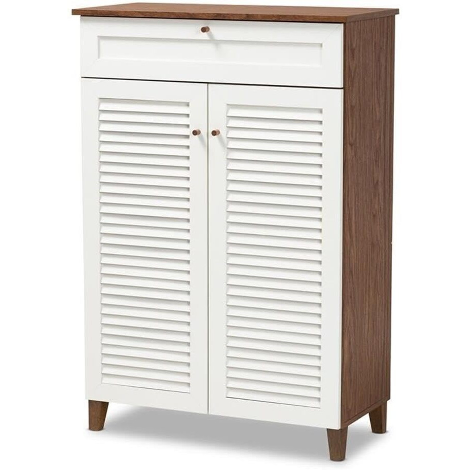 Baxton Studio Coolidge White And Walnut 5-Shelf Wood Shoe Cabinet With Drawer