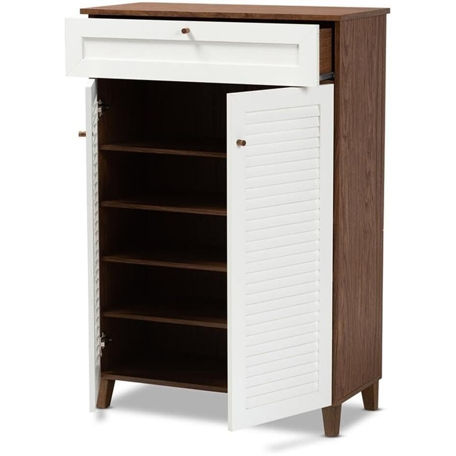 Baxton Studio Coolidge White And Walnut 5-Shelf Wood Shoe Cabinet With Drawer