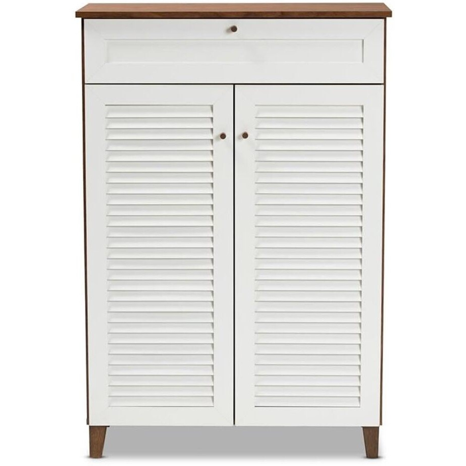 Baxton Studio Coolidge White And Walnut 5-Shelf Wood Shoe Cabinet With Drawer