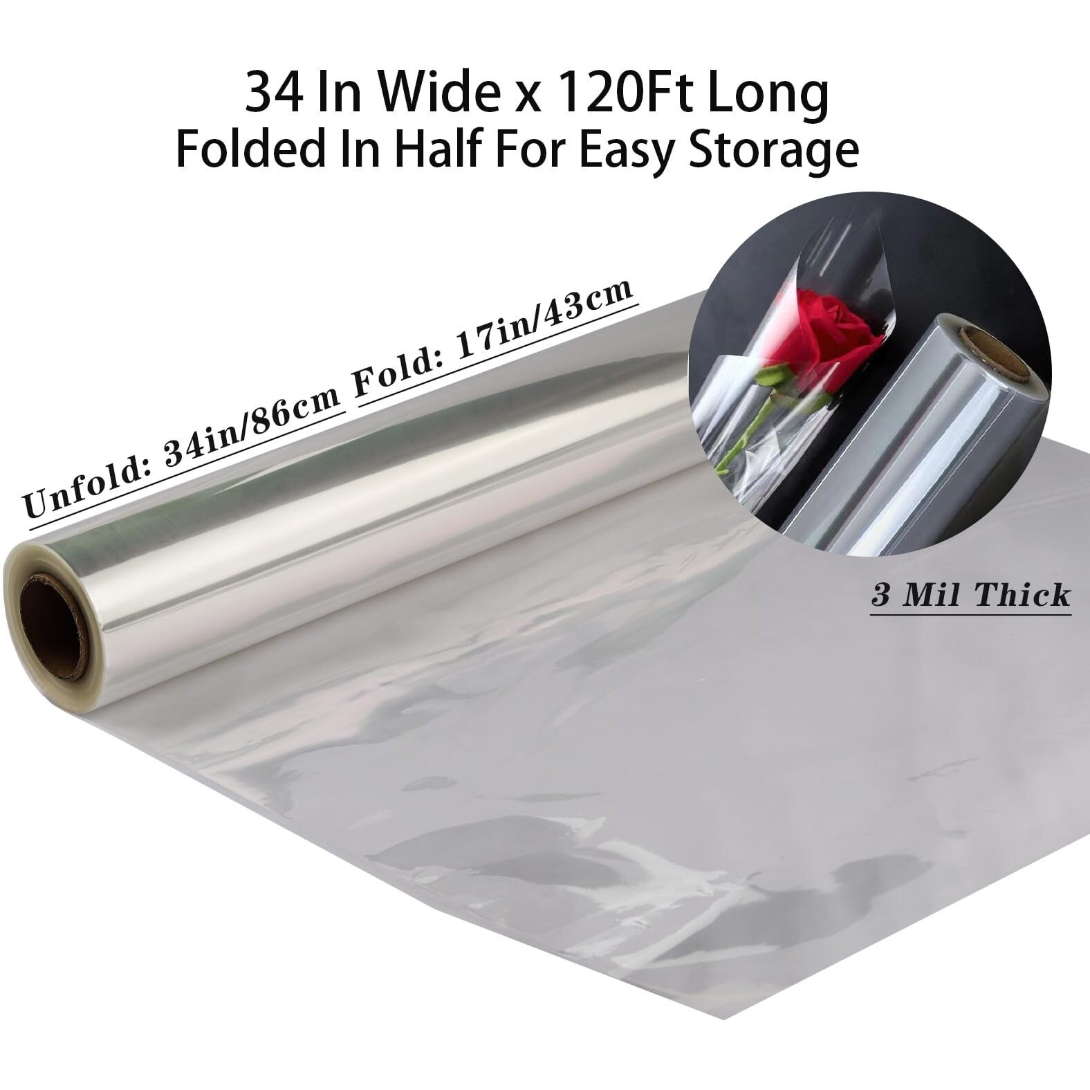 Cmfyhm 120 Ft Clear Cellophane Wrap Roll (34"" X 120Ft) 3 Mil Thicken Cellophane Wrap Roll For Gifts, Baskets, Flowers, Party Decorations (34"" Fold Into 17"")