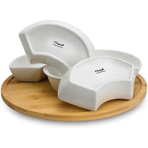Elama Signature Appetizer And Condiment Server Set 5 Dishes And 1 Lazy Suzan Serving Tray, 6 Piece, White Stoneware And Natural Bamboo